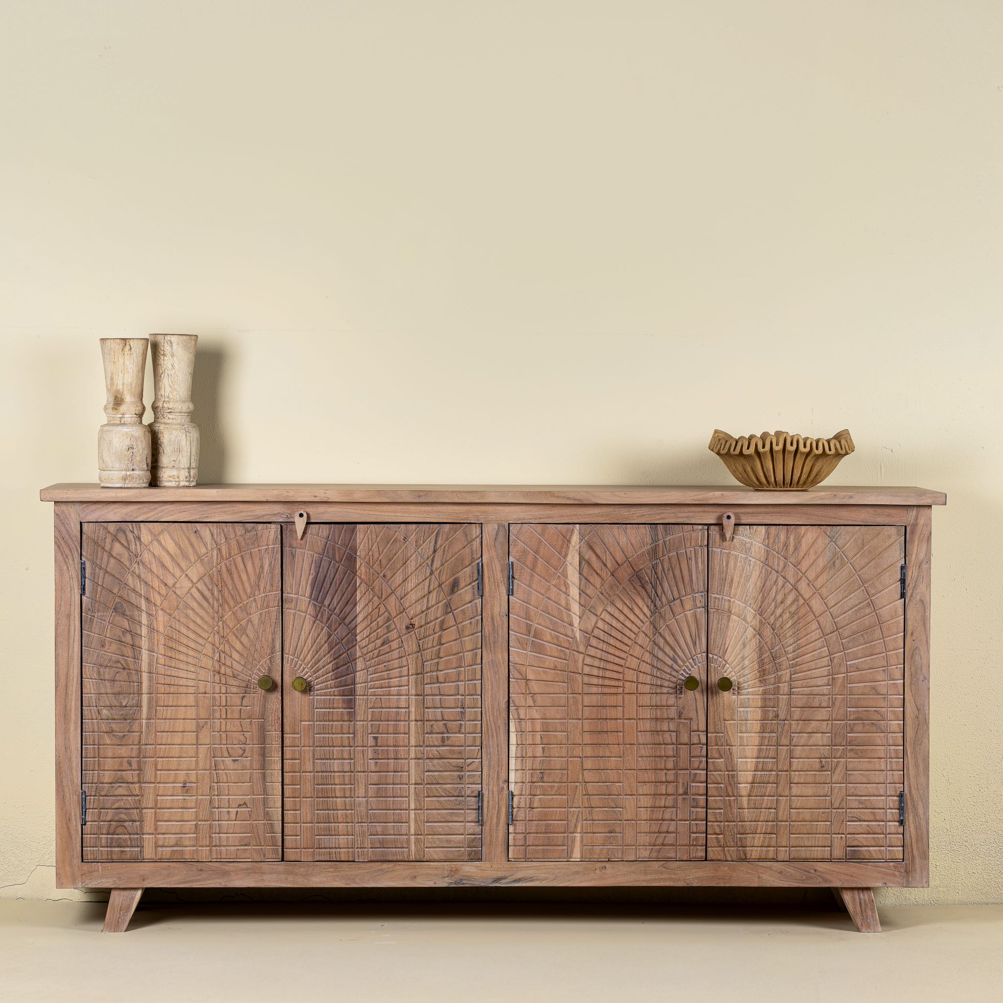 Acacia wood cabinet with hand-carved geometric patterns, artisan carved wood furniture for living room storage, 180 × 40 × 90 cm.