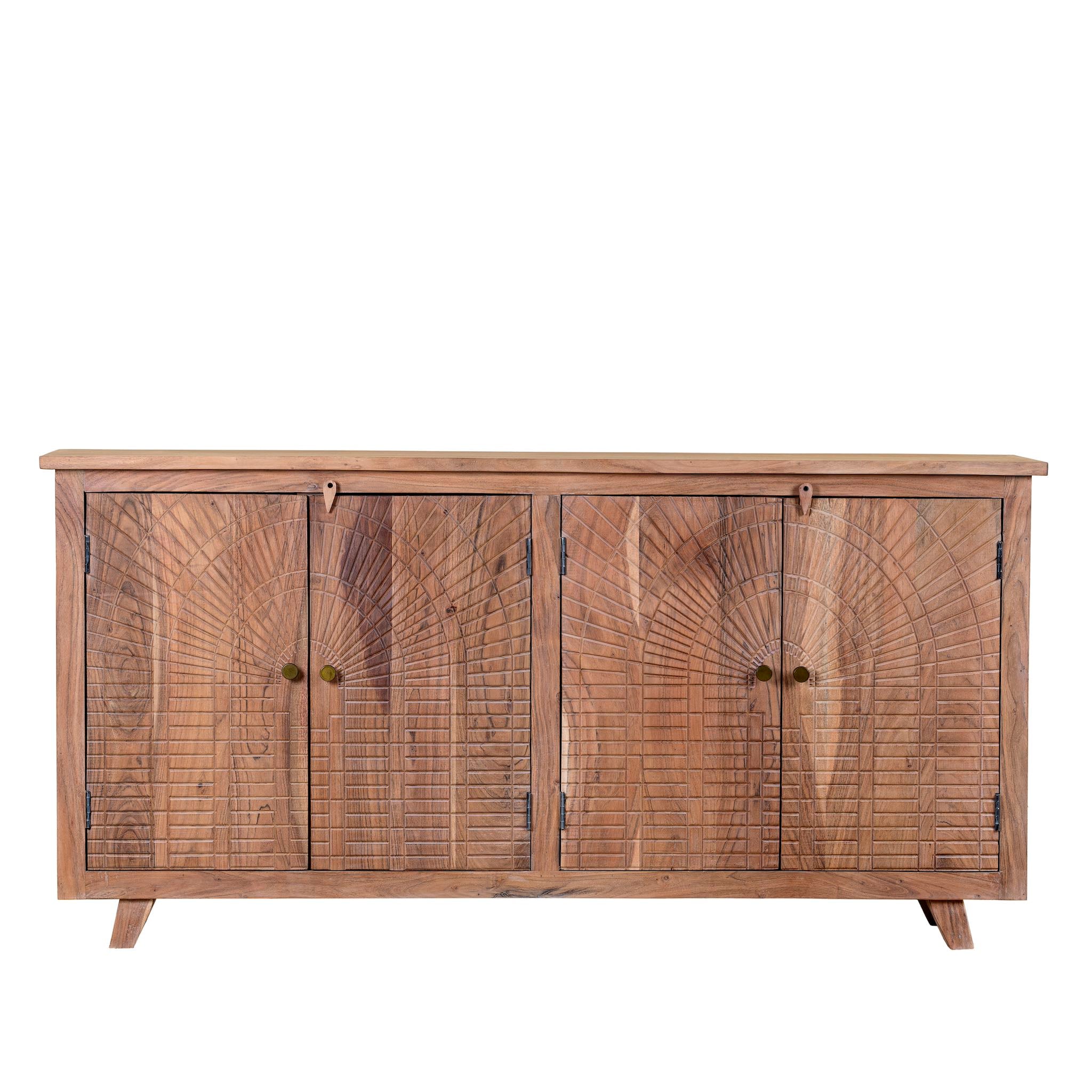 White background picture of a sideboard with artisanal inspired carvings on 4 doors made of acacia wood.