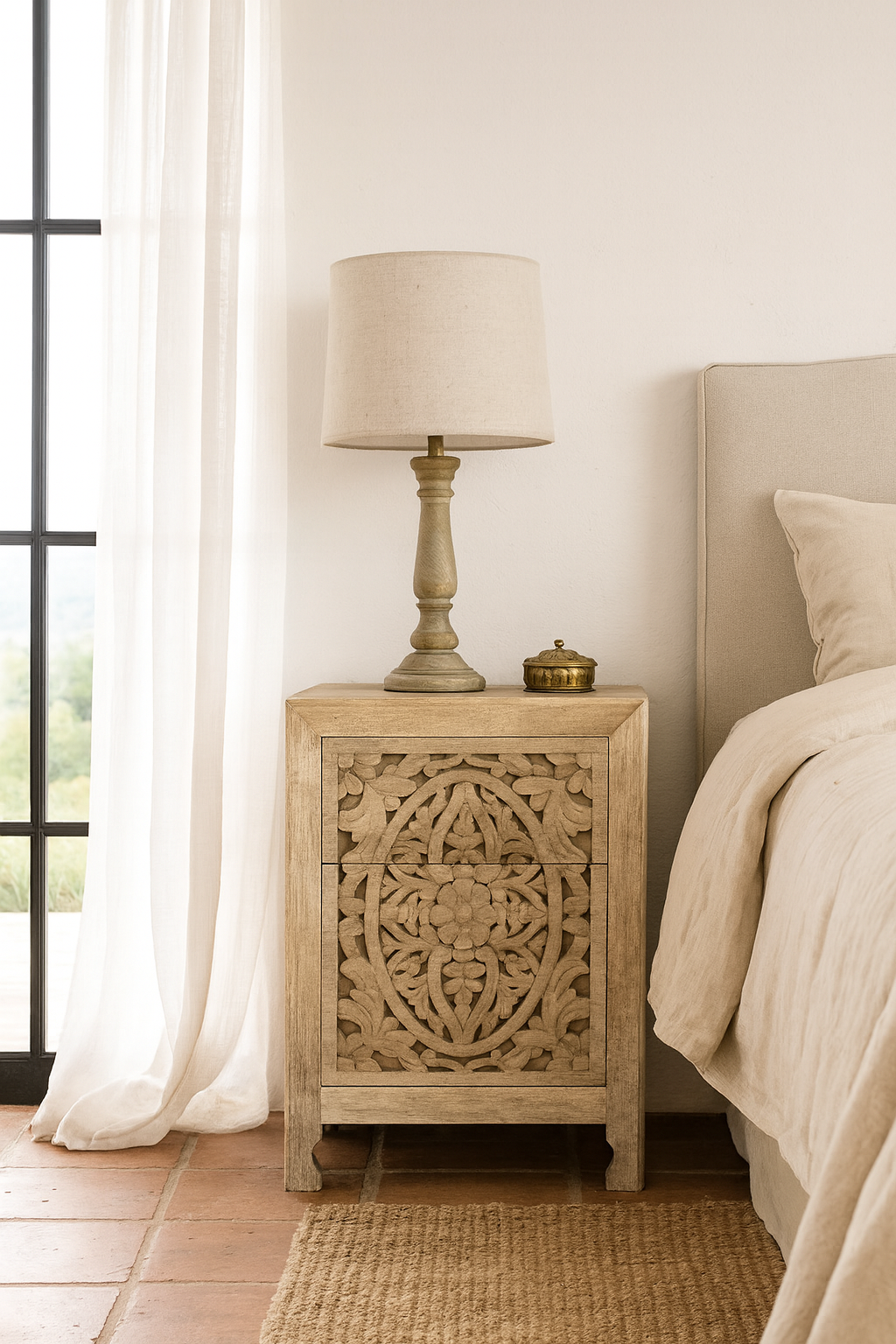 Life style scene of a pair of hand-carved nightstands made of sandblasted mango wood with floral Mediterranean patterns and two drawers – Aanya bedside tables by Om Home & Garden
