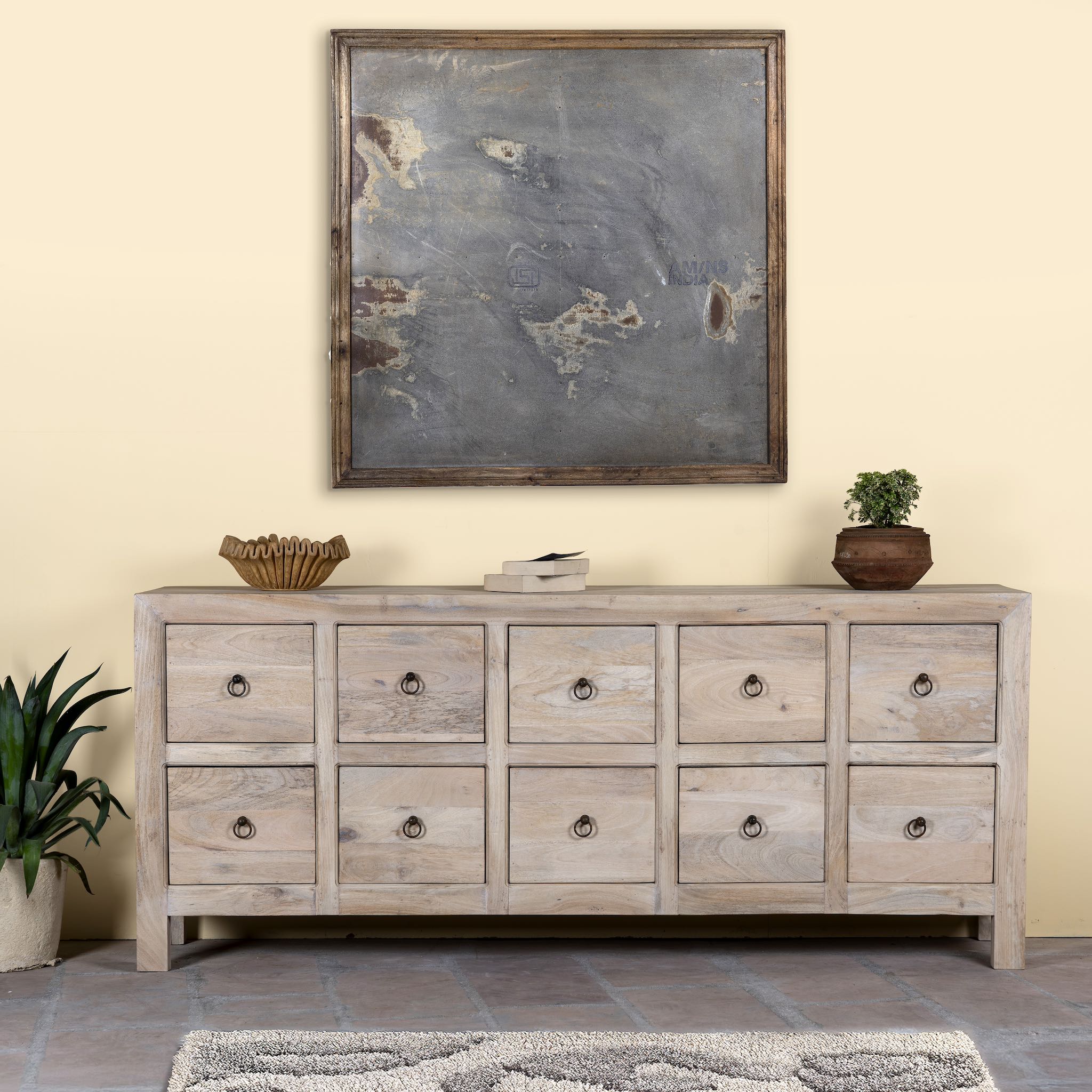 Sandblasted reclaimed mango wood chest of drawers with ten drawers, perfect as bedroom furniture or part of a relaxed Ibiza-style interior.