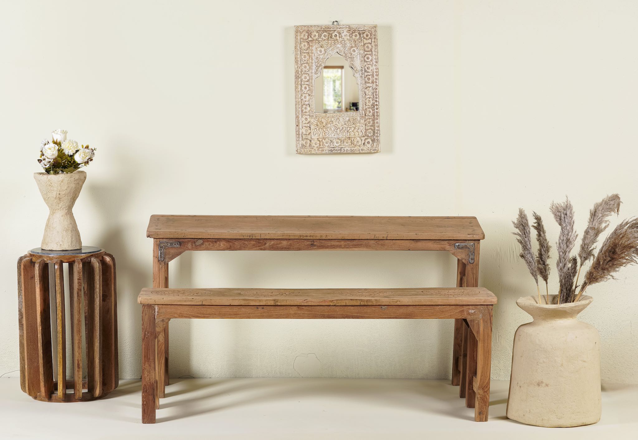 Vintage school bench set Adil from India, crafted from old teak wood, featuring a simple, sturdy design with a long bench and matching table in a natural, weathered finish, styled in a neutral-toned interior with rustic decor accents.