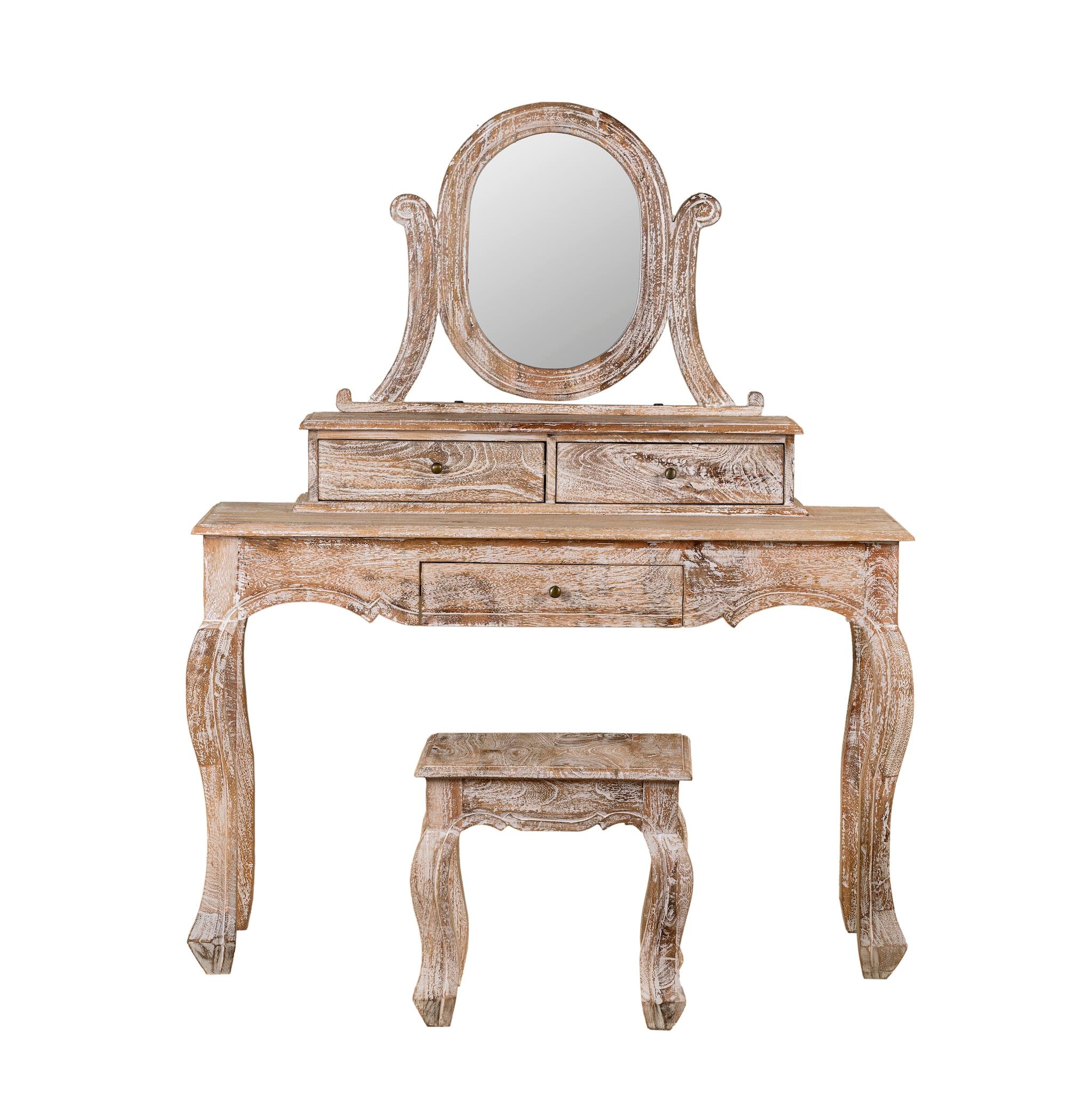 White background image of a handcrafted mango wood cosmetic table with a curved mirror and matching stool, showcasing a vintage style with a beige finish.
