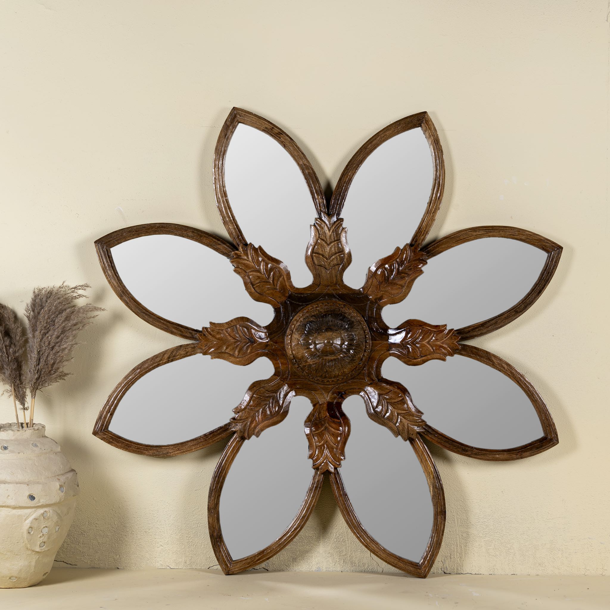 Hand-carved unique floral Mirror made of mango wood.