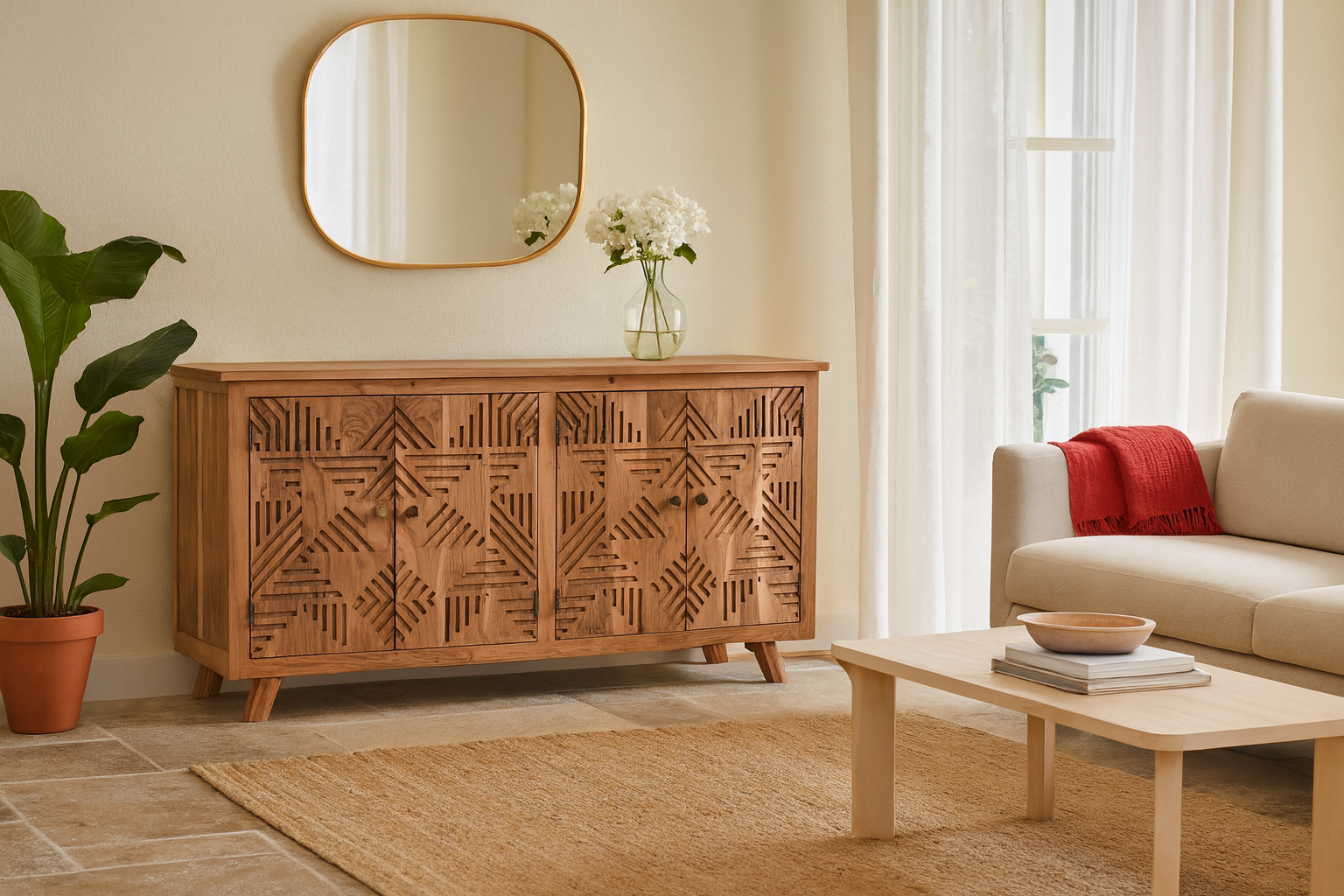 Lifestye imagination of a Acacia wood furniture sideboard with hand-carved detailing and brass knobs, modern living room furniture, 180 × 40 × 90 cm.