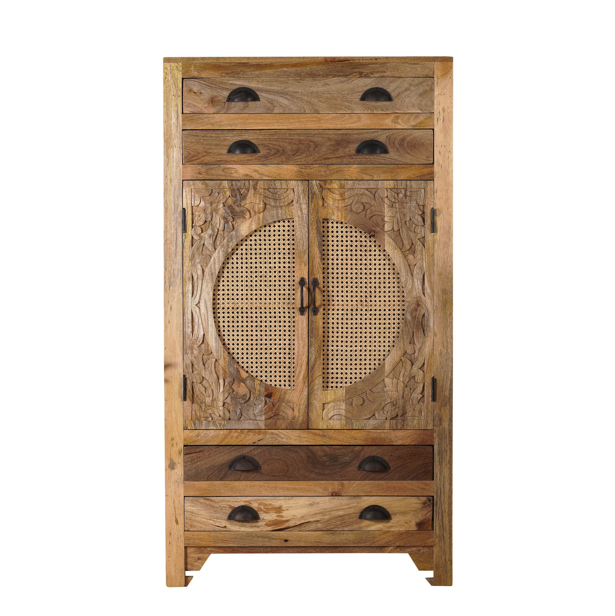 White background image of a handcrafted mango wood cabinet Agnayi with rattan inserts and floral carvings, rattan furniture for bohemian interior, 80 × 40 × 148 cm.