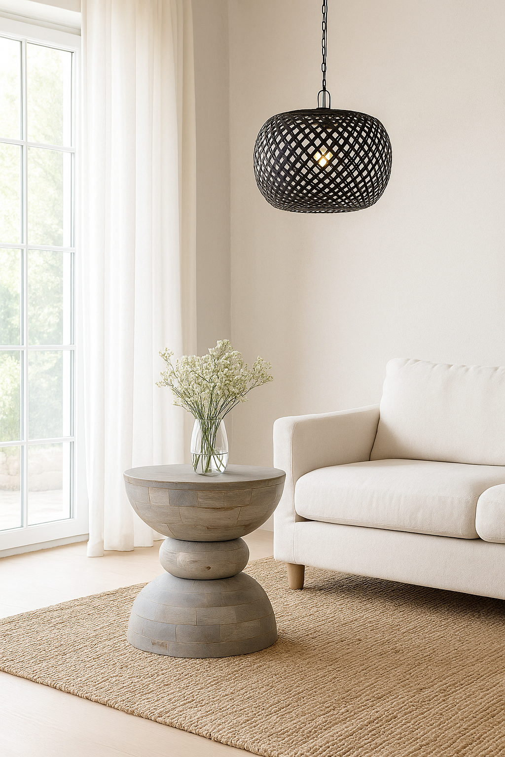 Lifestyle imagination of a vintage style mango wood coffee table with rounded form and grey-washed finish; compact rustic accent table, 40 cm diameter, 46 cm height.