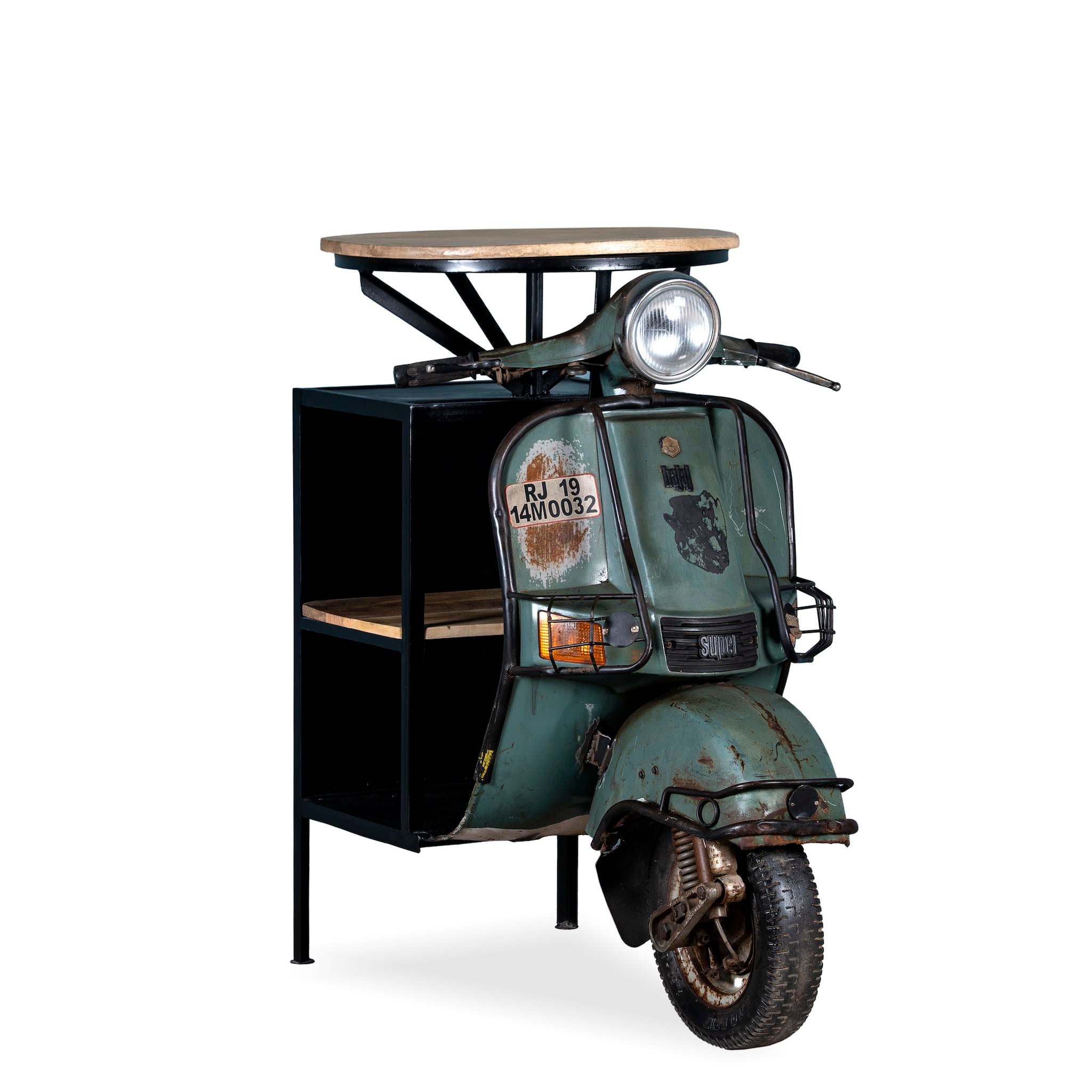 White background image of a short bar table crafted from the front half of an original Bajaj scooter, featuring a round wooden top, metal frame, and rustic industrial finish.