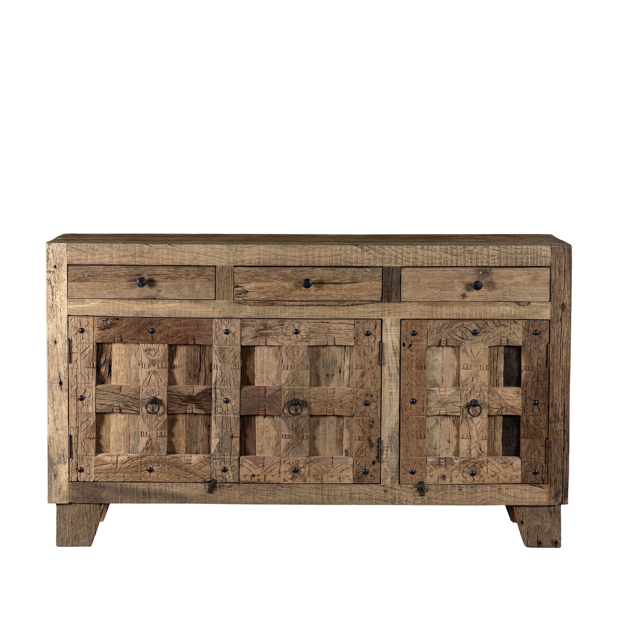 White background image of a rustic design sideboard made from reclaimed wood with panelled doors, drawers, and iron accents; 150 × 40 × 90 cm.