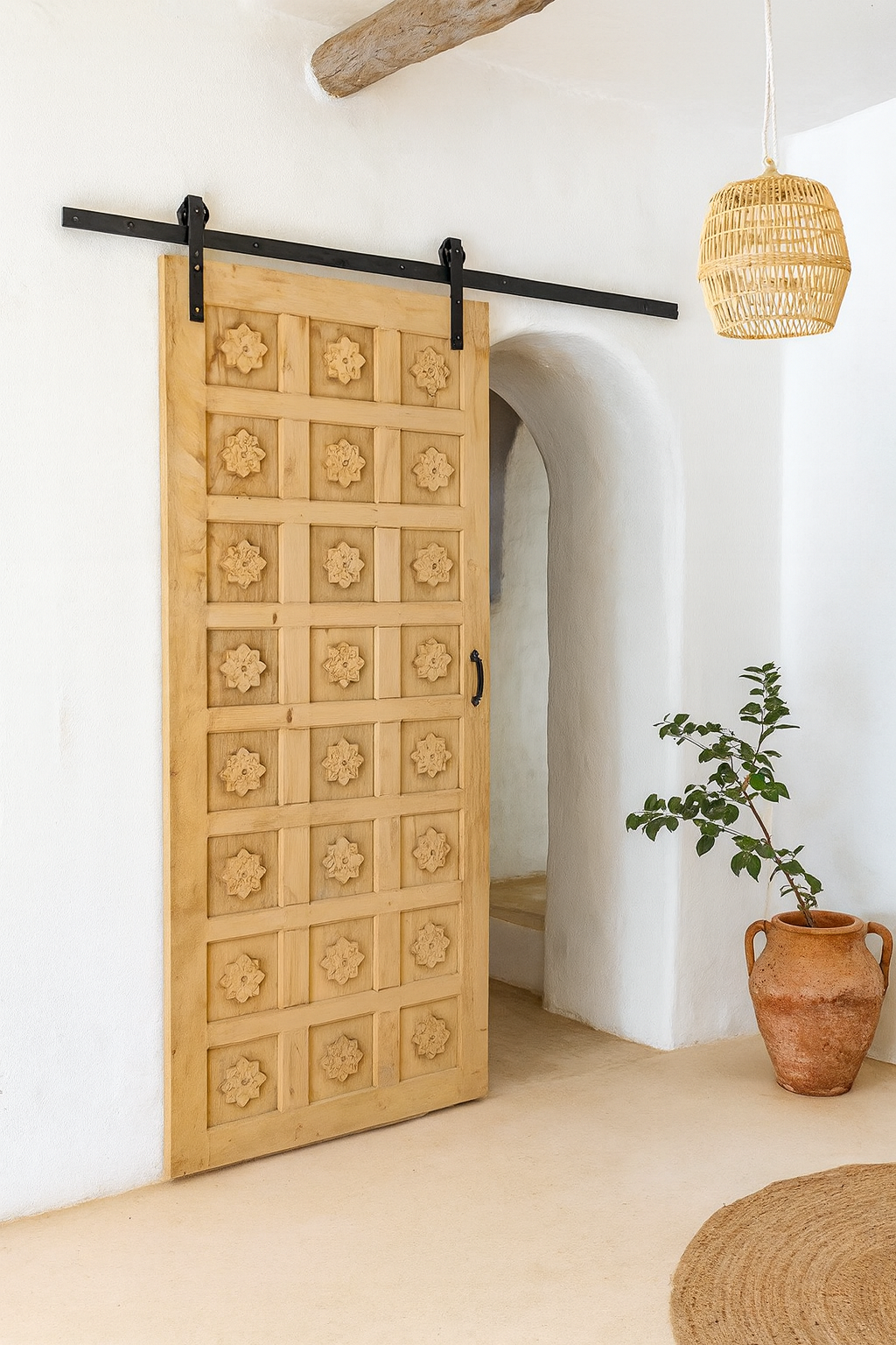 Rustic barn door panel Ambar, handcrafted reclaimed wood Indian door with floral carvings, 100 × 5 × 220 cm.