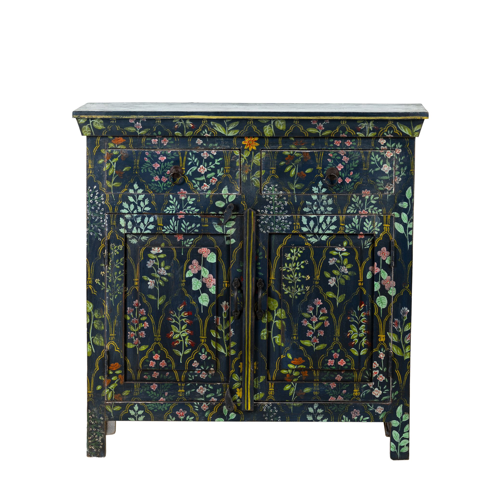 White background image of a hand painted cupboard made from recycled wood with floral motifs, two drawers and two doors, 90 × 90 × 40 cm.