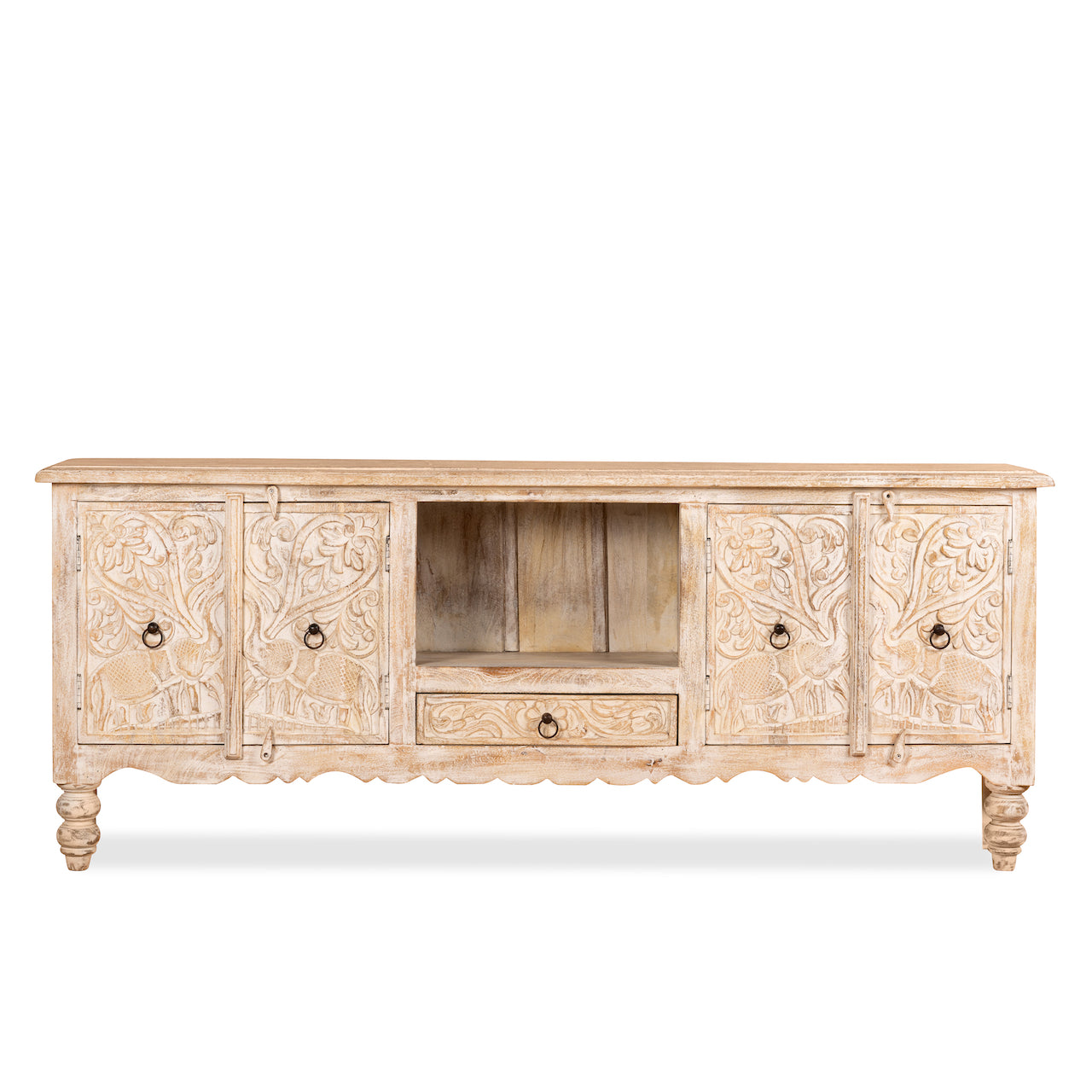 White background image of a hand-carved traditional sideboard made from mango wood with whitewashed floral detailing; perfect as entryway table vintage or TV unit, 198 × 82 × 40 cm.