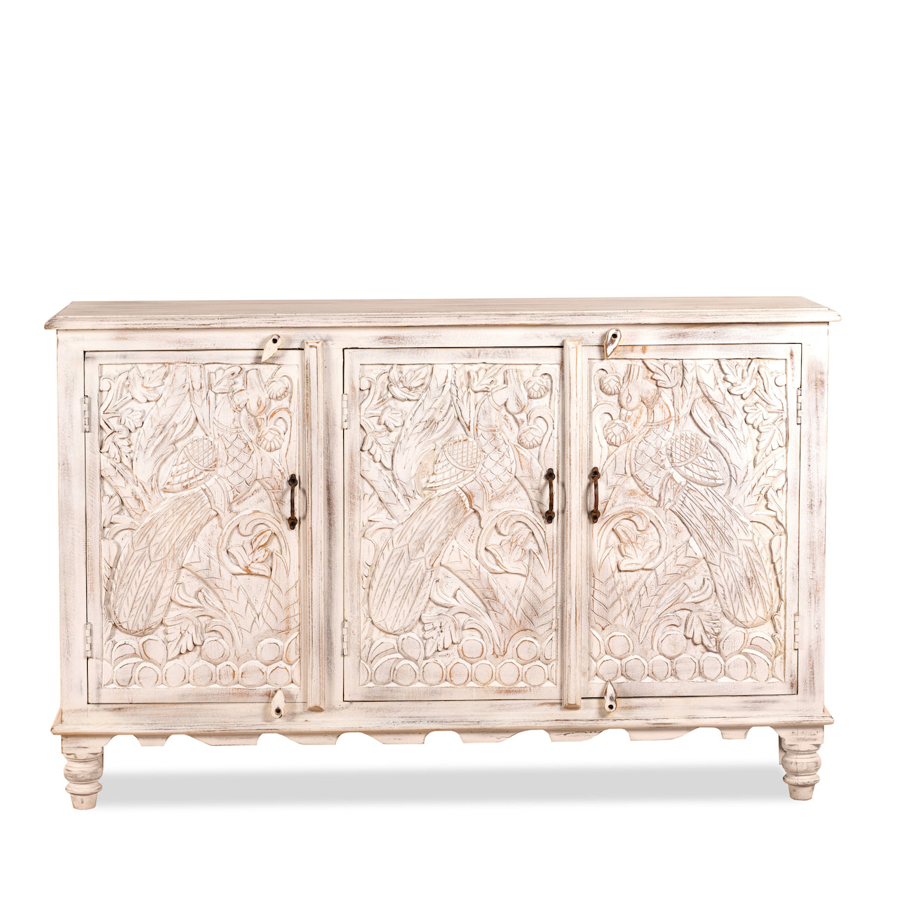 White background image of a hand-carved mango wood sideboard with peacock and foliage motifs, whitewashed finish; perfect for Indian home decor, 150 × 95 × 40 cm.