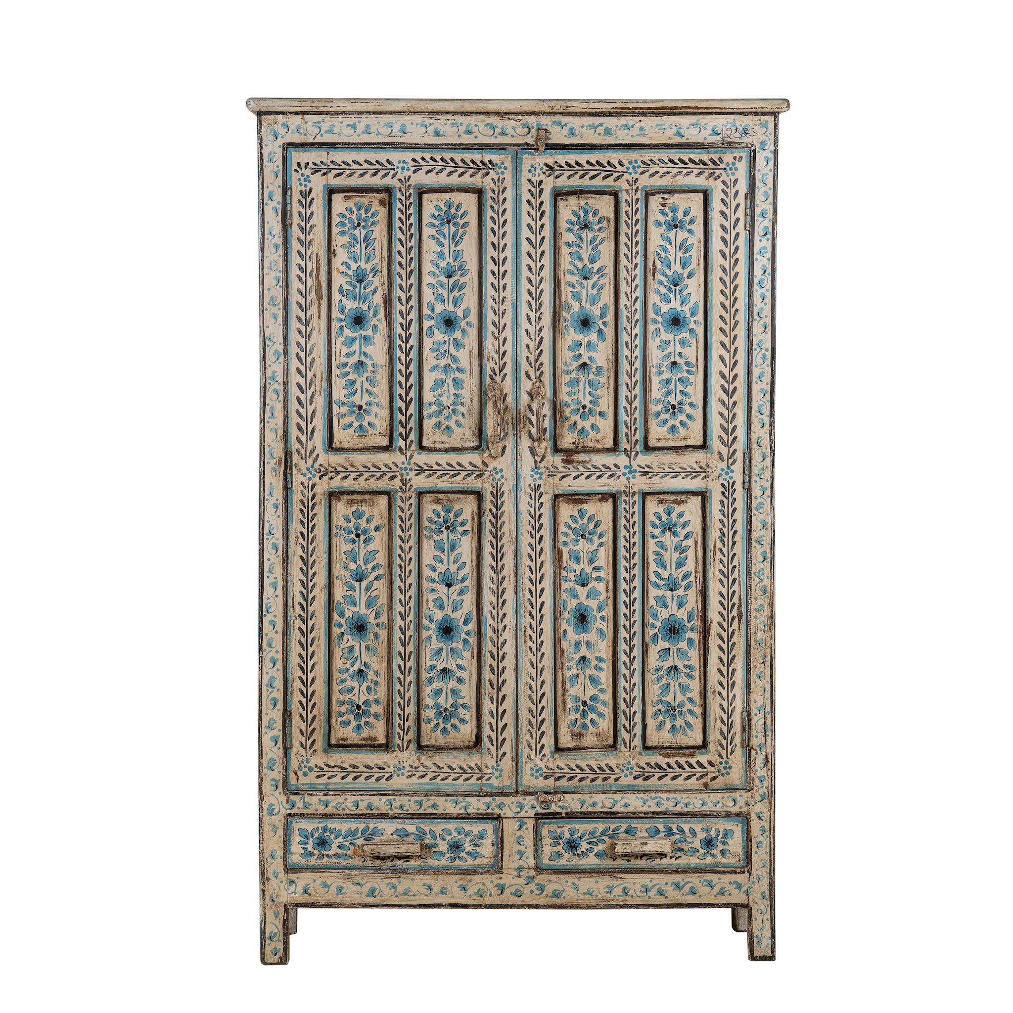 White background image of a hand painted wooden furniture cabinet with floral motifs, reclaimed teak artisanal furniture in Mediterranean style, 95 × 40 × 152 cm.