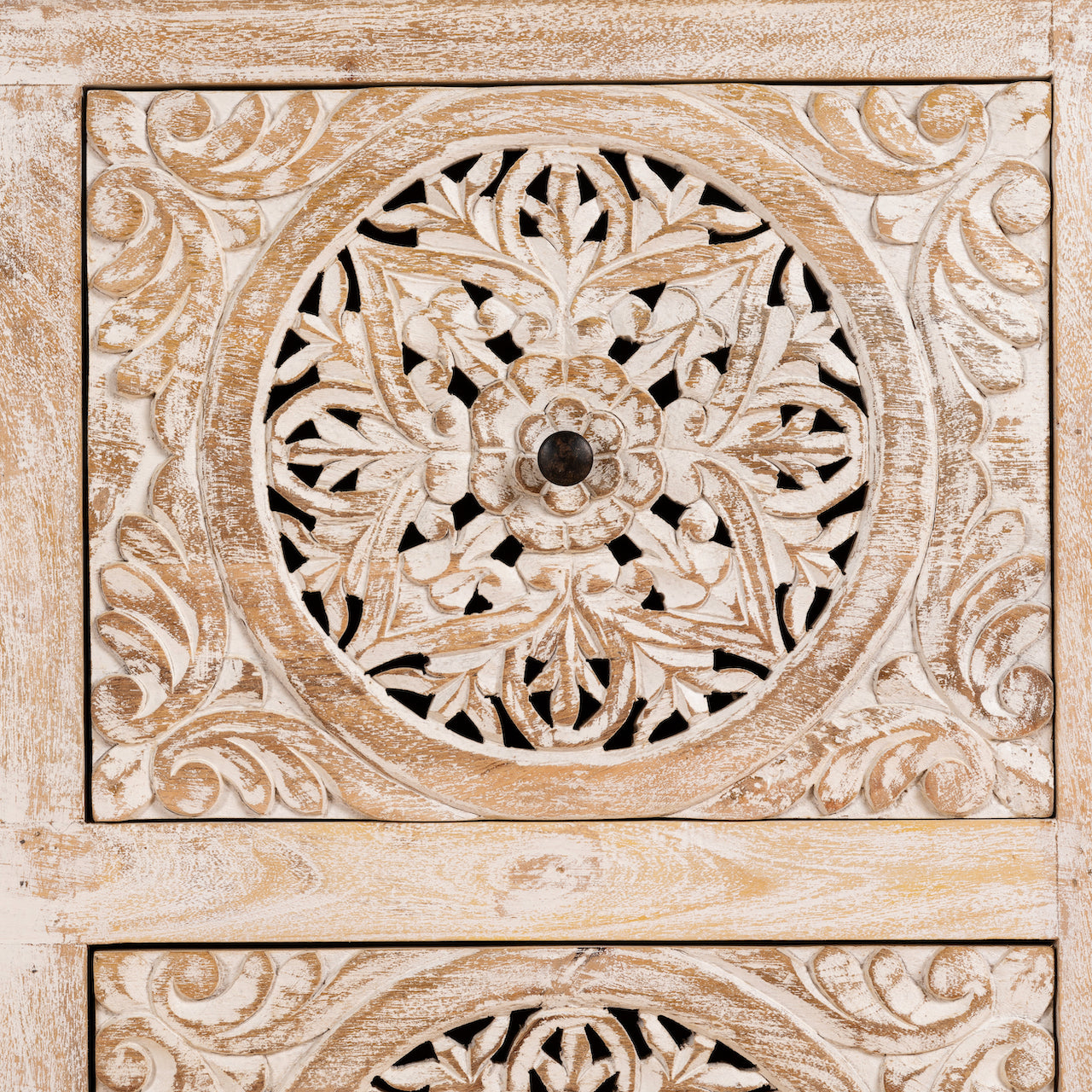 Close up image of a hand-carved mango wood sideboard with Mediterranean drawer motifs and whitewashed finish; ideal carved sideboard or entryway table vintage, 150 × 90 × 40 cm.