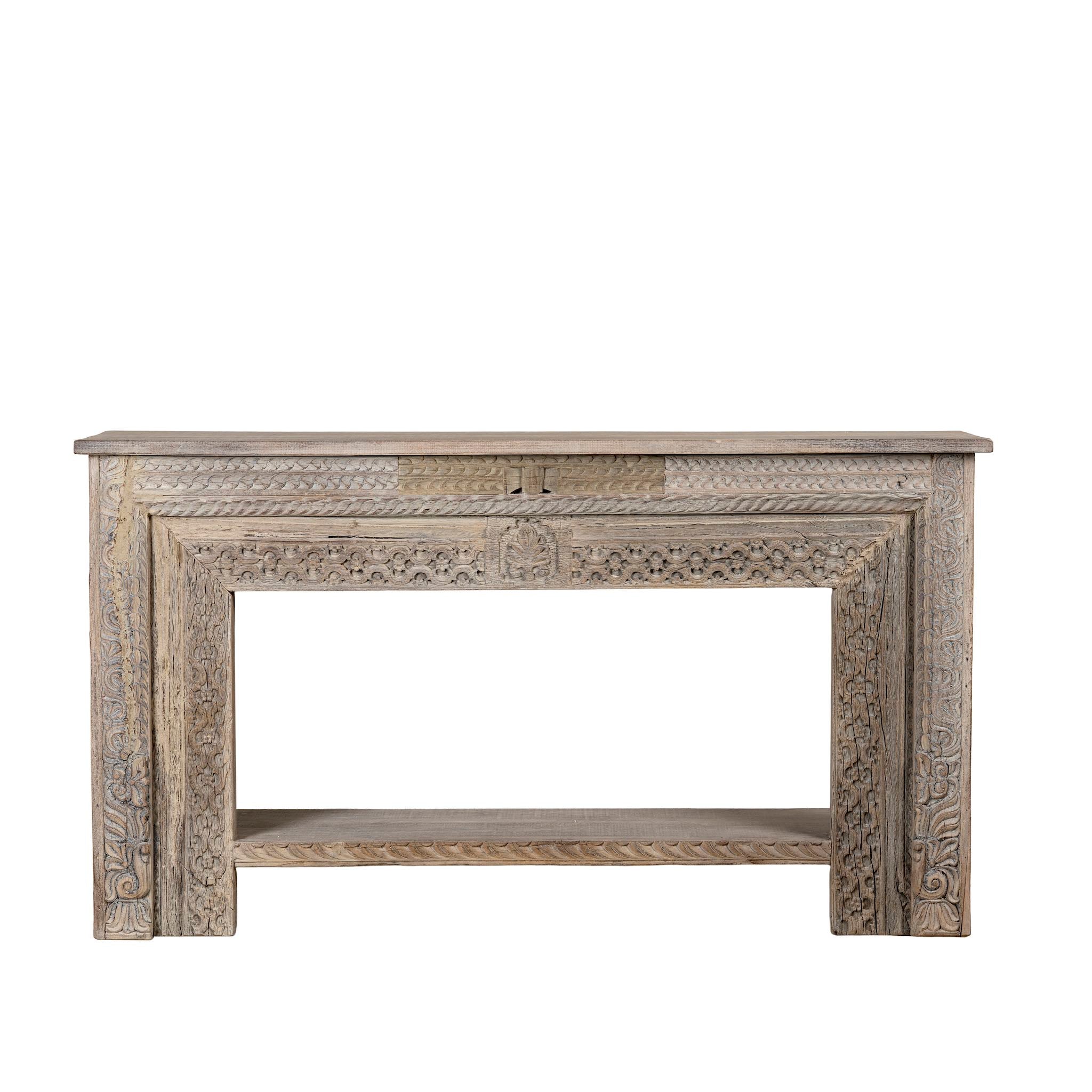 White background image of a carved console table made from reclaimed teak with antique Indian floral and geometric detailing, 160 × 40 × 90 cm.