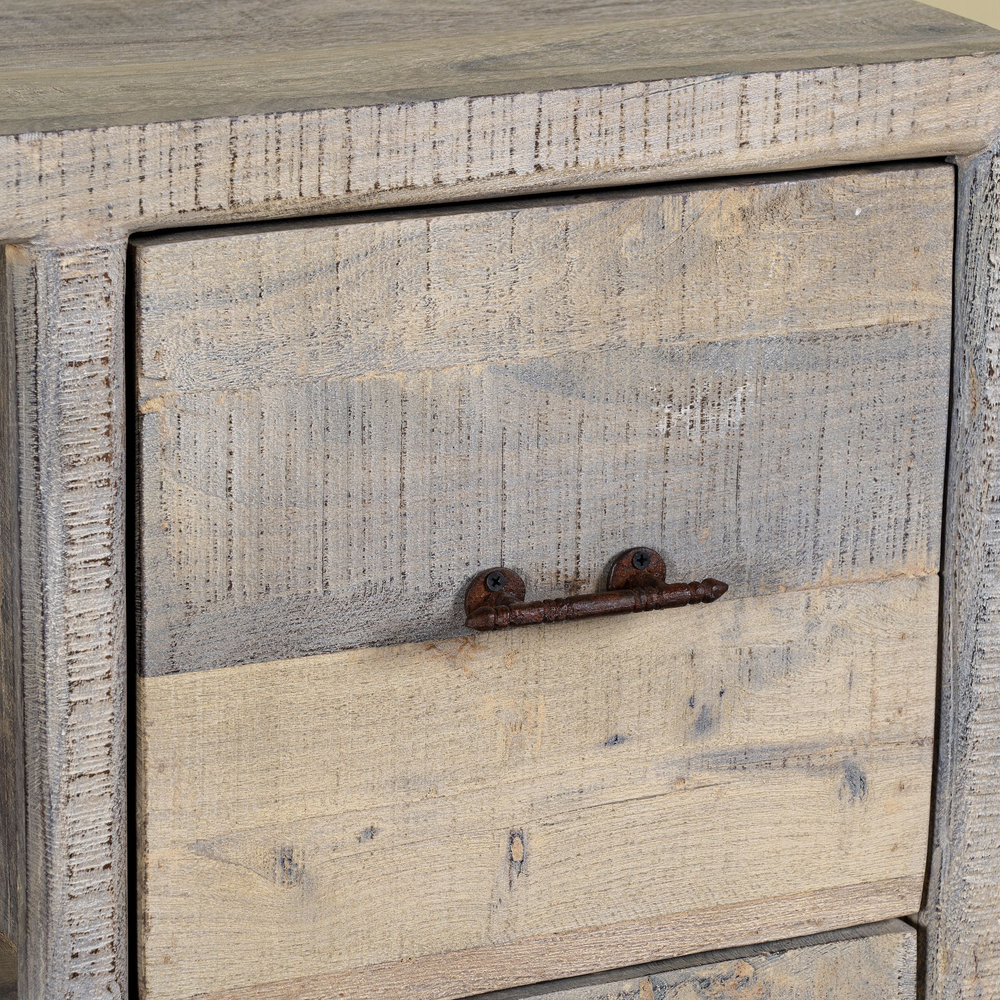 Close up image of a reclaimed wood console with 6 drawers and 2 open shelves; Ibiza style bathroom console with matching Bhavya mirror available, 120 × 50 × 80 cm.