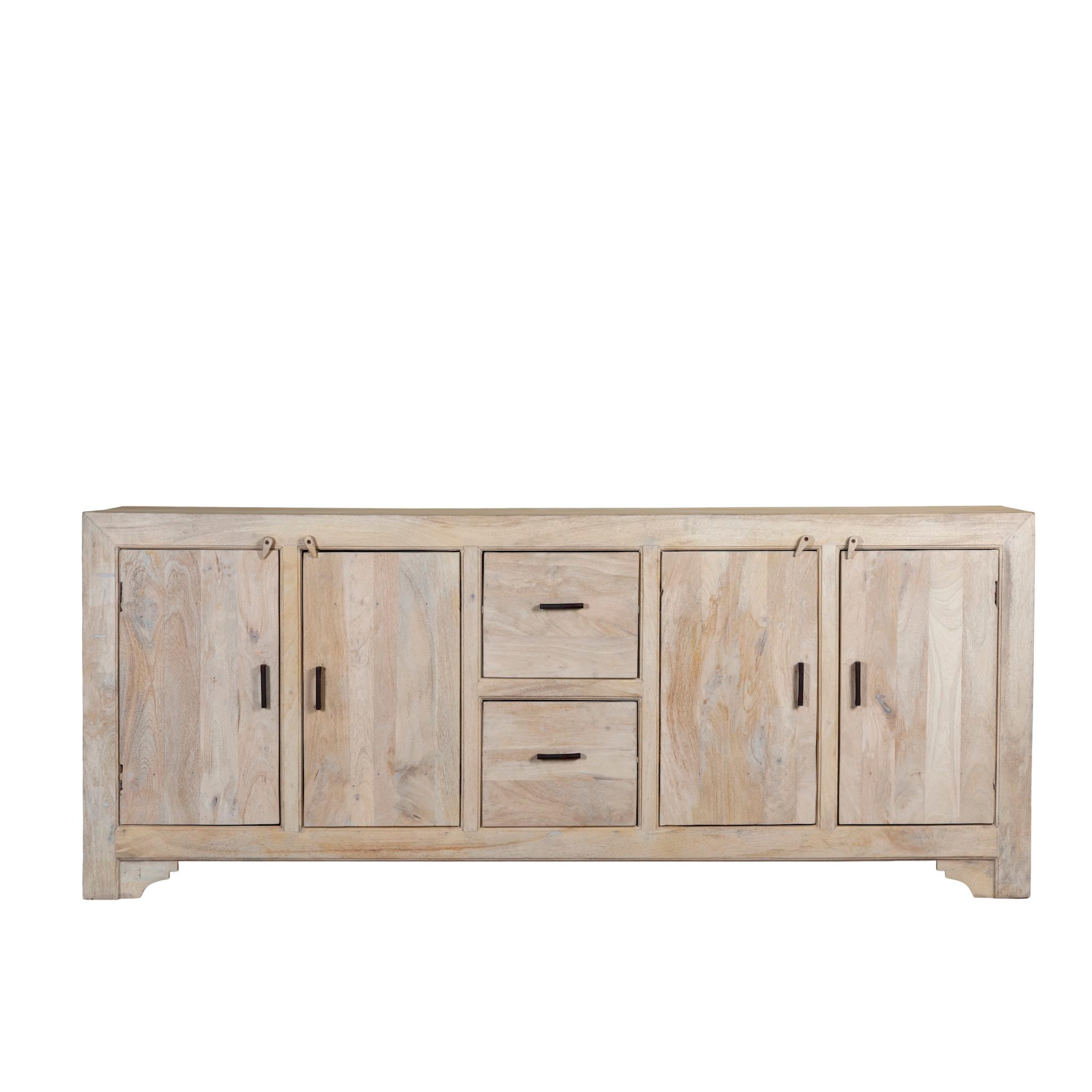 Wooden sideboard sandblasted Ibiza style with multiple doors and drawers on a white background