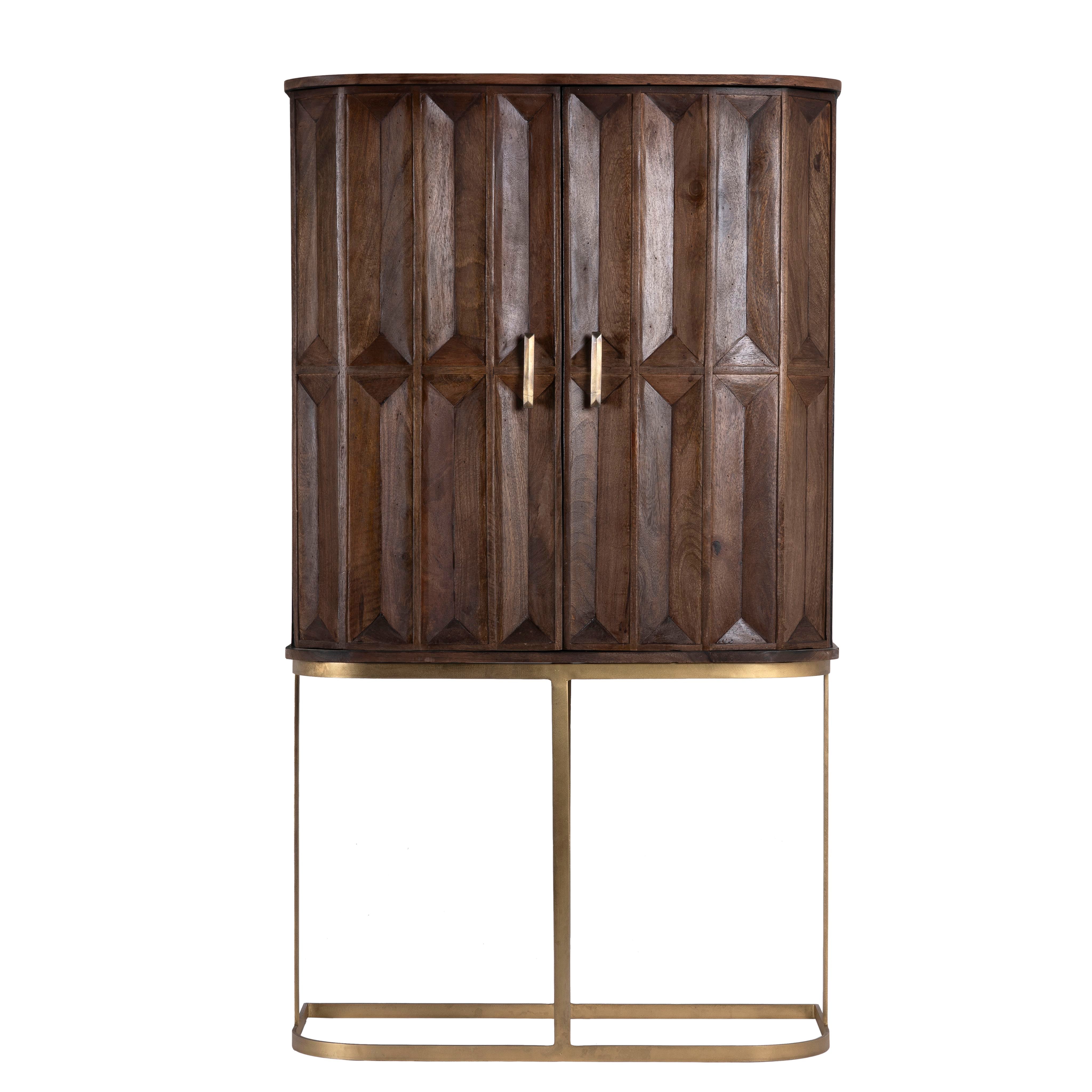 White background image of a tall mango wood cabinet with diamond tile carving, bronze handles, and black metal base, 86 × 42 × 150 cm.