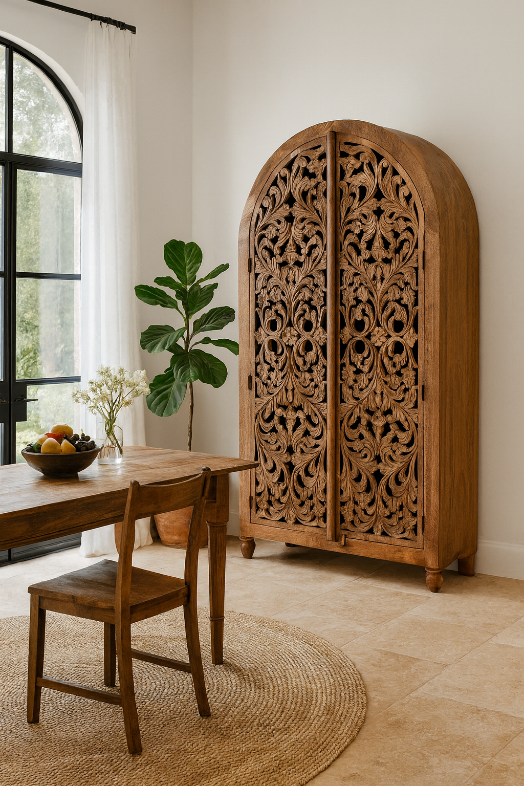 Lifestyle imagination of a of a hand carved wooden wardrobe with arc-shaped cabinet design in solid mango wood – Aranya model by Om Home & Garden