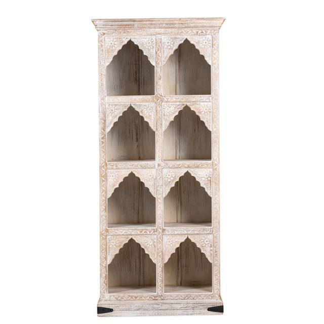 White background image of a hand-carved mango wood shelving unit with Moroccan arches and whitewashed finish; perfect as an entryway shelf or display piece, 180 × 90 × 40 cm.