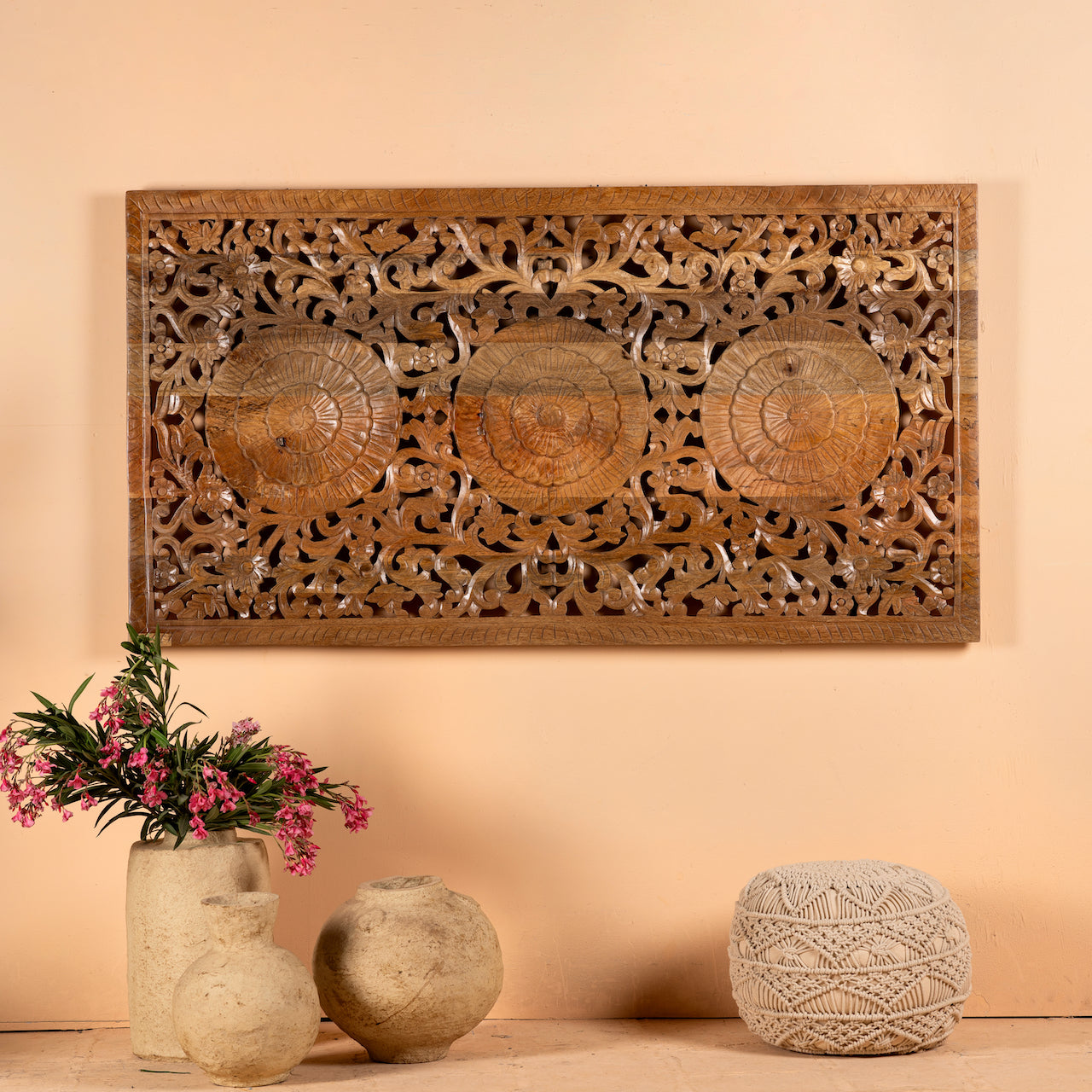 Hand-carved mango wood wall panel with floral engravings in natural finish – Arusha model by Om Home & Garden