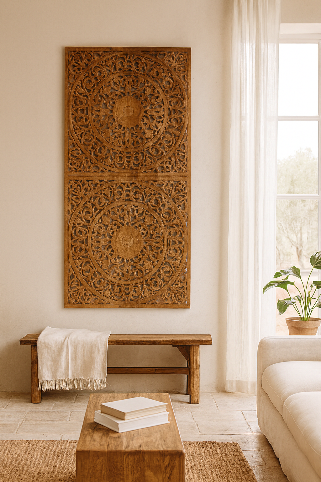 Lifestyle scene with a hand-carved mango wood wall panel in natural finish with floral designs – Asamanja model by Om Home & Garden