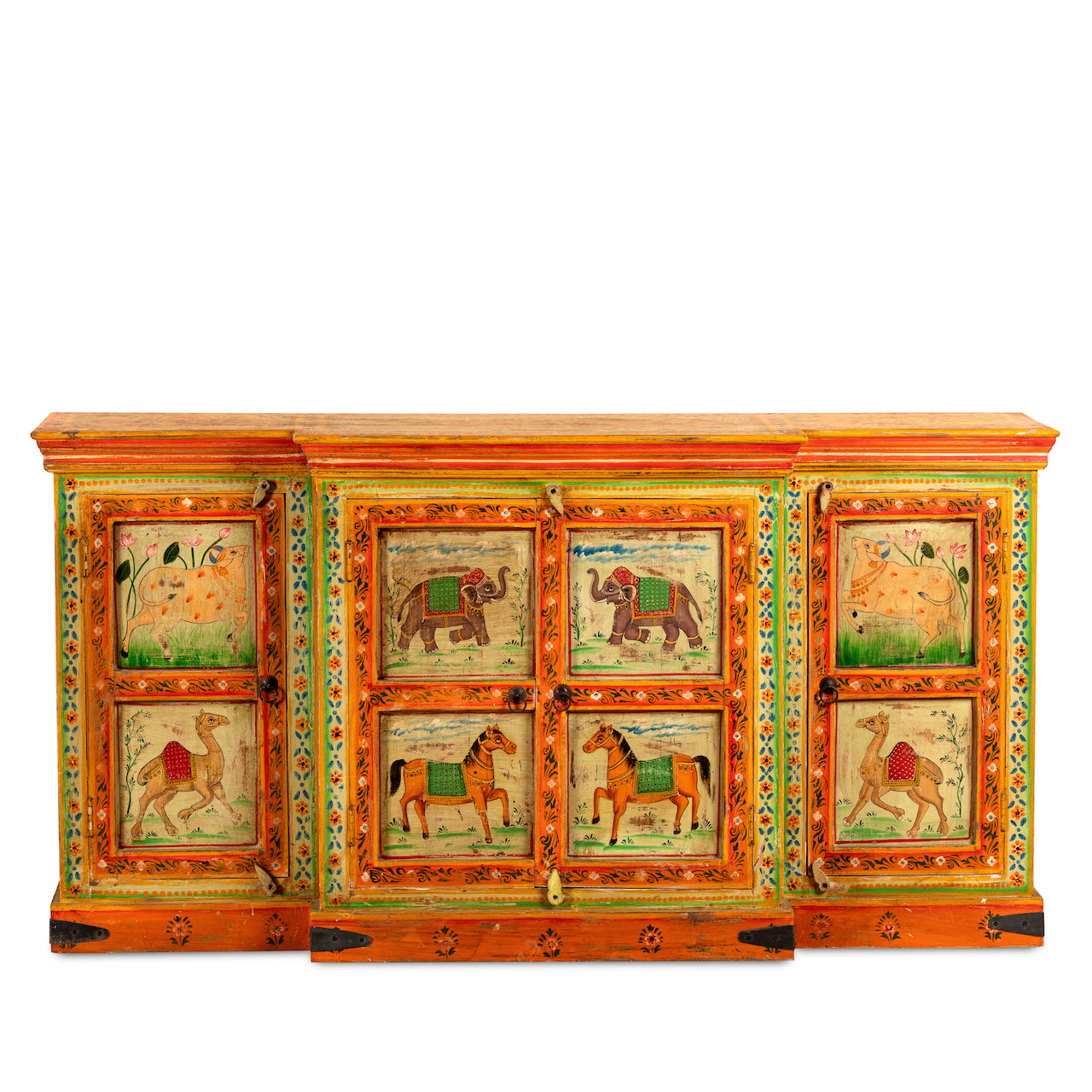 White background image of a hand-painted reclaimed wood sideboard with Indian god motifs; unique hand painted furniture and Indian furniture online, 177 × 92 × 51 cm.