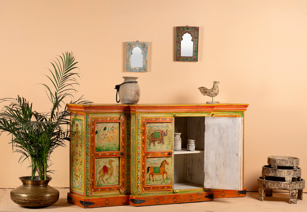 Open door image of a hand-painted reclaimed wood sideboard with Indian god motifs; unique hand painted furniture and Indian furniture online, 177 × 92 × 51 cm.