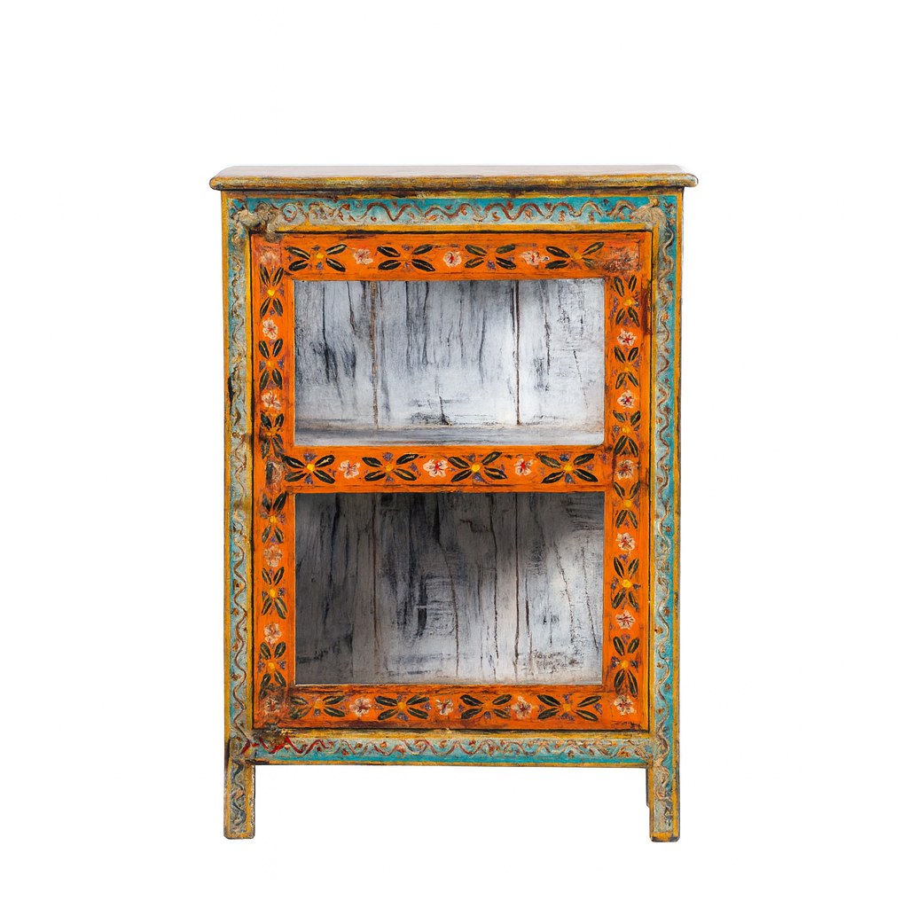 White background image of a vintage display cabinet in recycled wood with hand-painted decorative panels and glass display doors, 57 × 41 × 80 cm.
