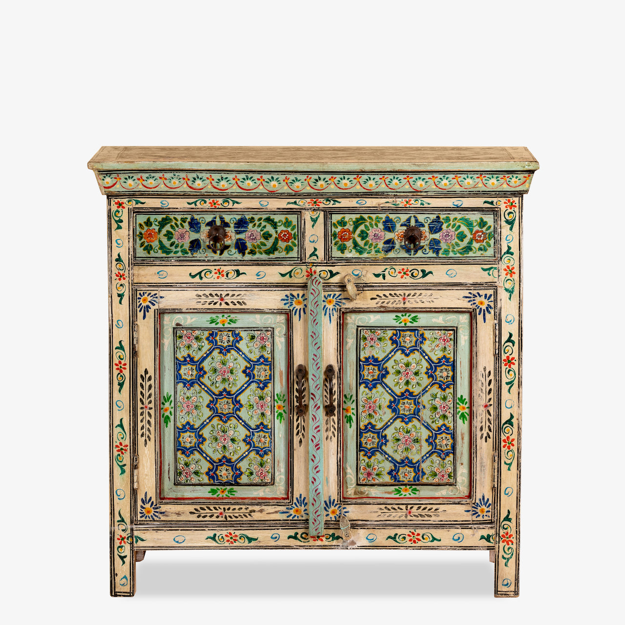 White background image of a Hand painted cabinet made from reclaimed wood with colourful traditional Indian motifs, 90 × 90 × 40 cm.