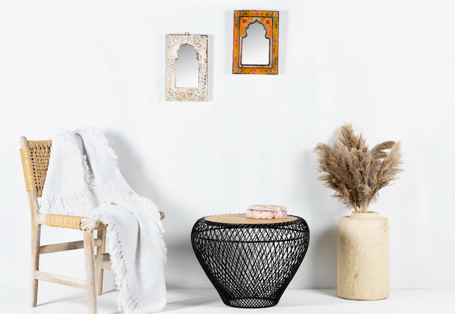 Round metal base coffee table with recycled wooden top and woven iron frame; minimalistic style coffee table, 58 cm diameter, 45 cm height.