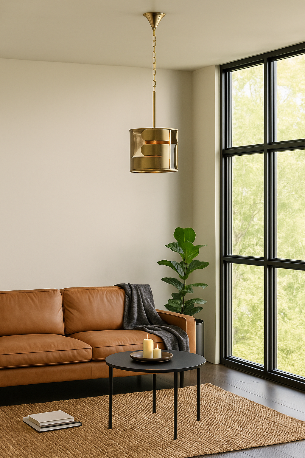 Lifestyle image of a medium round brass-plated metal pendant lamp with geometric cutout design – a modern take on vintage lights perfect for dining rooms, kitchens, or stylish living areas.
