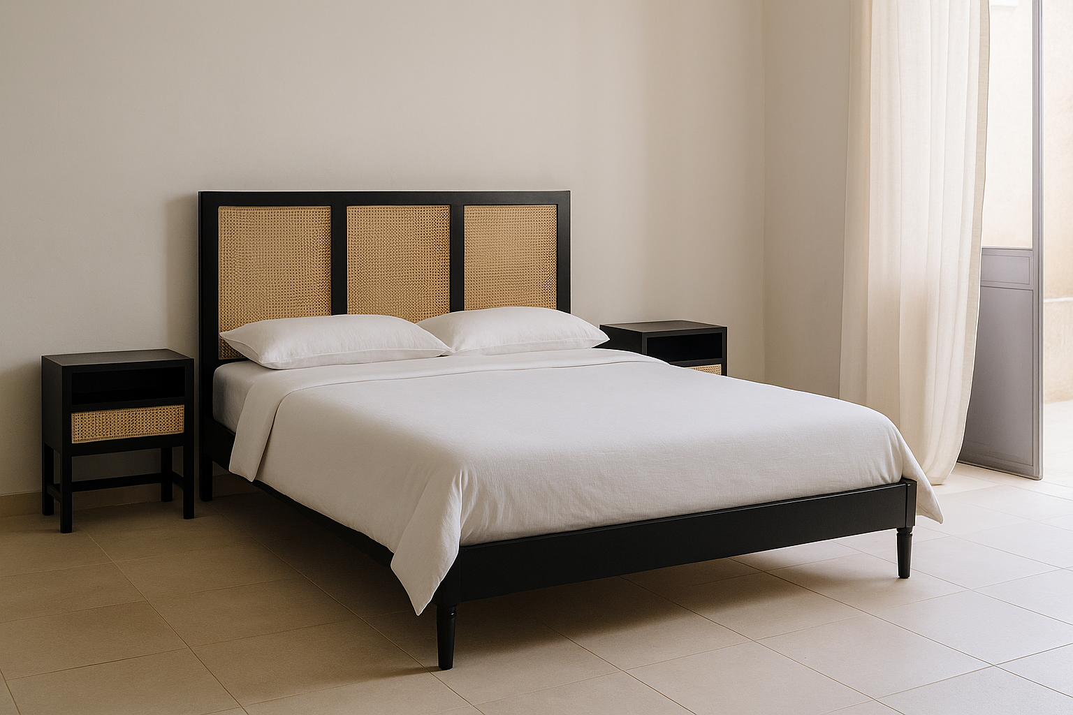 Handcrafted Indian bed Govinh in mango wood with black rattan panels, artisanal bedroom furniture, 180 × 200 cm.