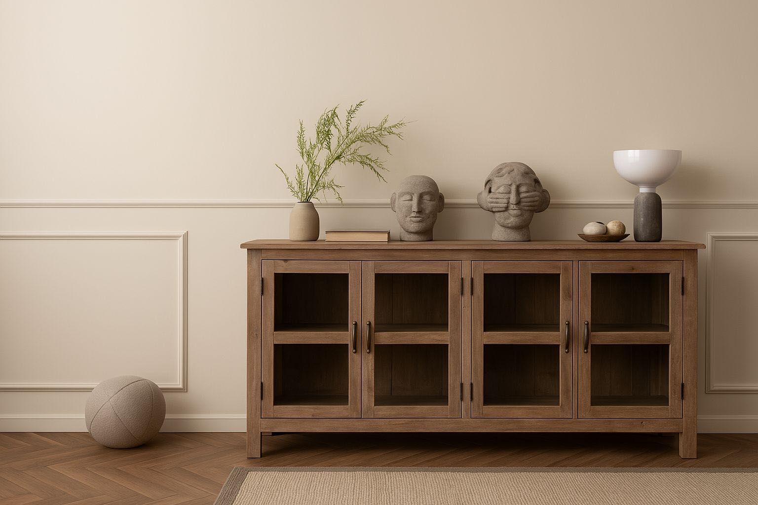Life style image of a rustic showcase cabinet made from recycled teak wood, featuring four glass-paneled doors with brass handles and a lightly weathered finish, offering a warm, natural look ideal for displaying decor or tableware.