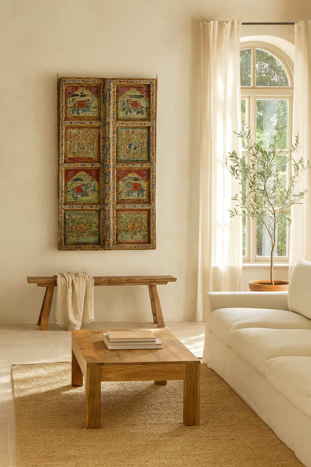 Lifestyle scene with a hand-painted Indian antique teak door with elephant and floral motifs, distressed green finish, vintage wall panels for unique home decor.