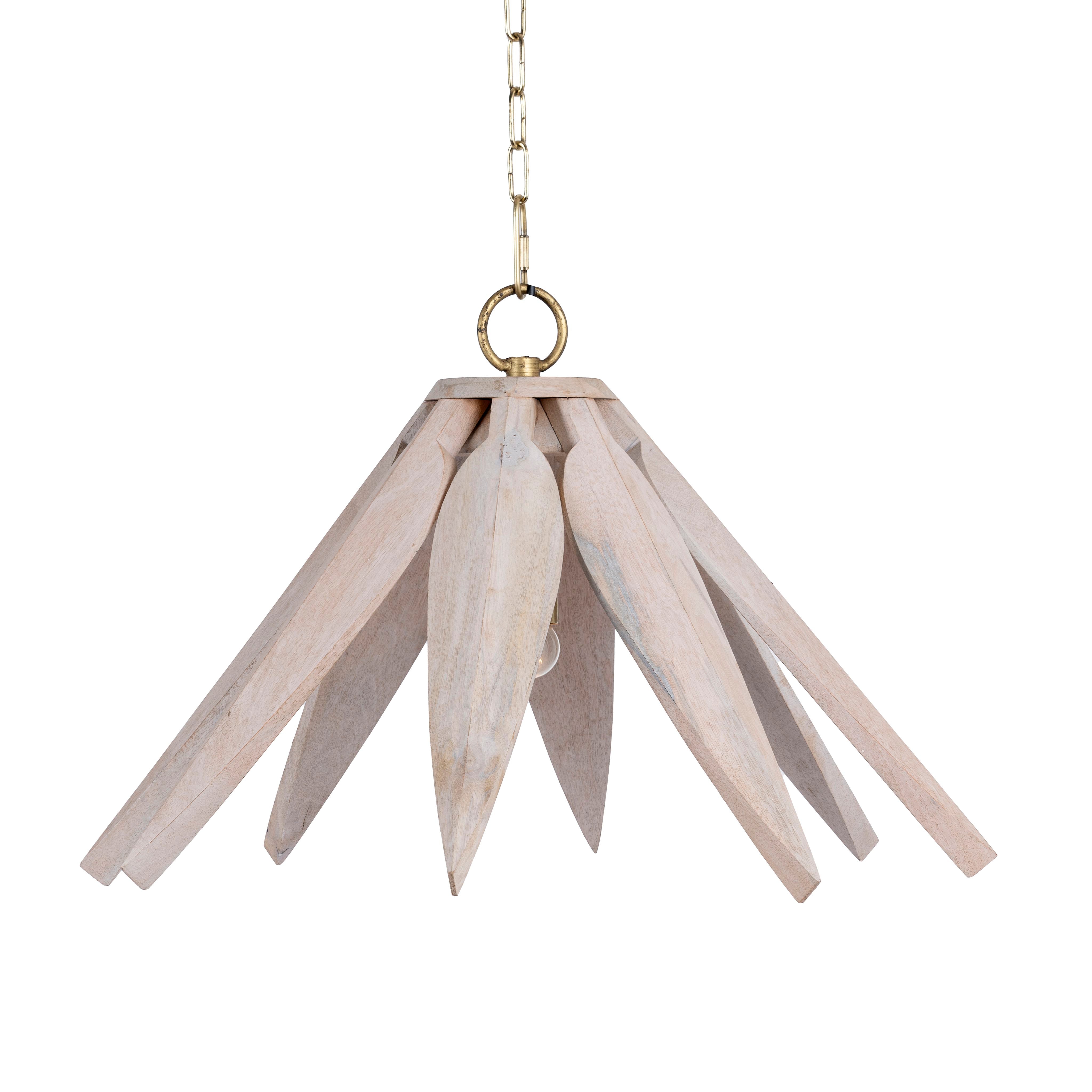 White background image of a vintage pendant lamp made from white-washed mango wood in a floral design, suspended by a brass-plated hanger – elegant mango wood lighting for bedrooms, living rooms, or dining areas.
