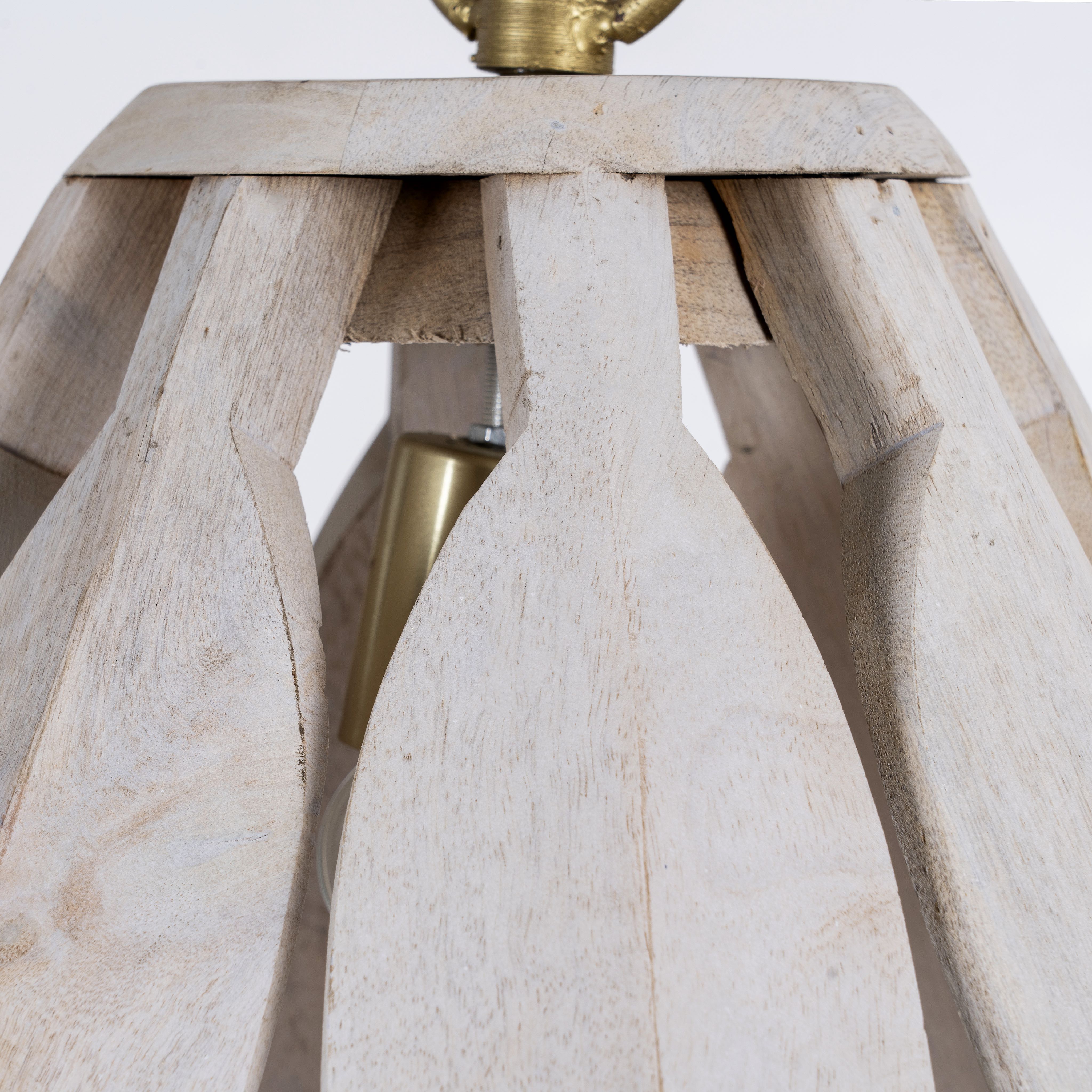 Close up image of a vintage pendant lamp crafted from white-washed mango wood with a floral design and brass-plated hanger – a refined mango wood lighting piece for bedrooms, living rooms, or dining areas.