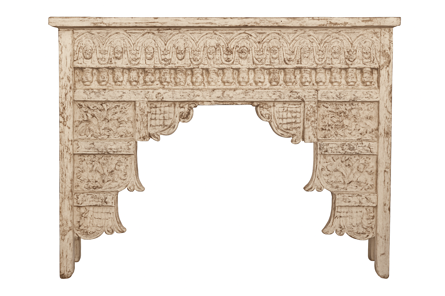 White background image of a whitewashed hand carved console table made from solid mango wood with floral detailing; mango wood console for vintage-inspired interiors, 140 × 40 × 91 cm.