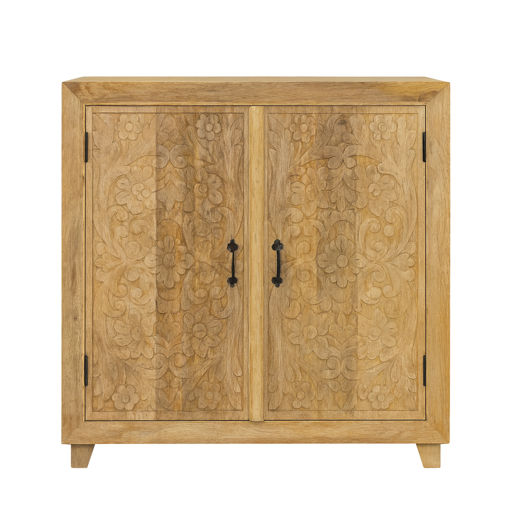White background image of a carved wood furniture cabinet made from solid mango wood, hand-carved floral design, Mediterranean-style, 90 × 97 × 40 cm.