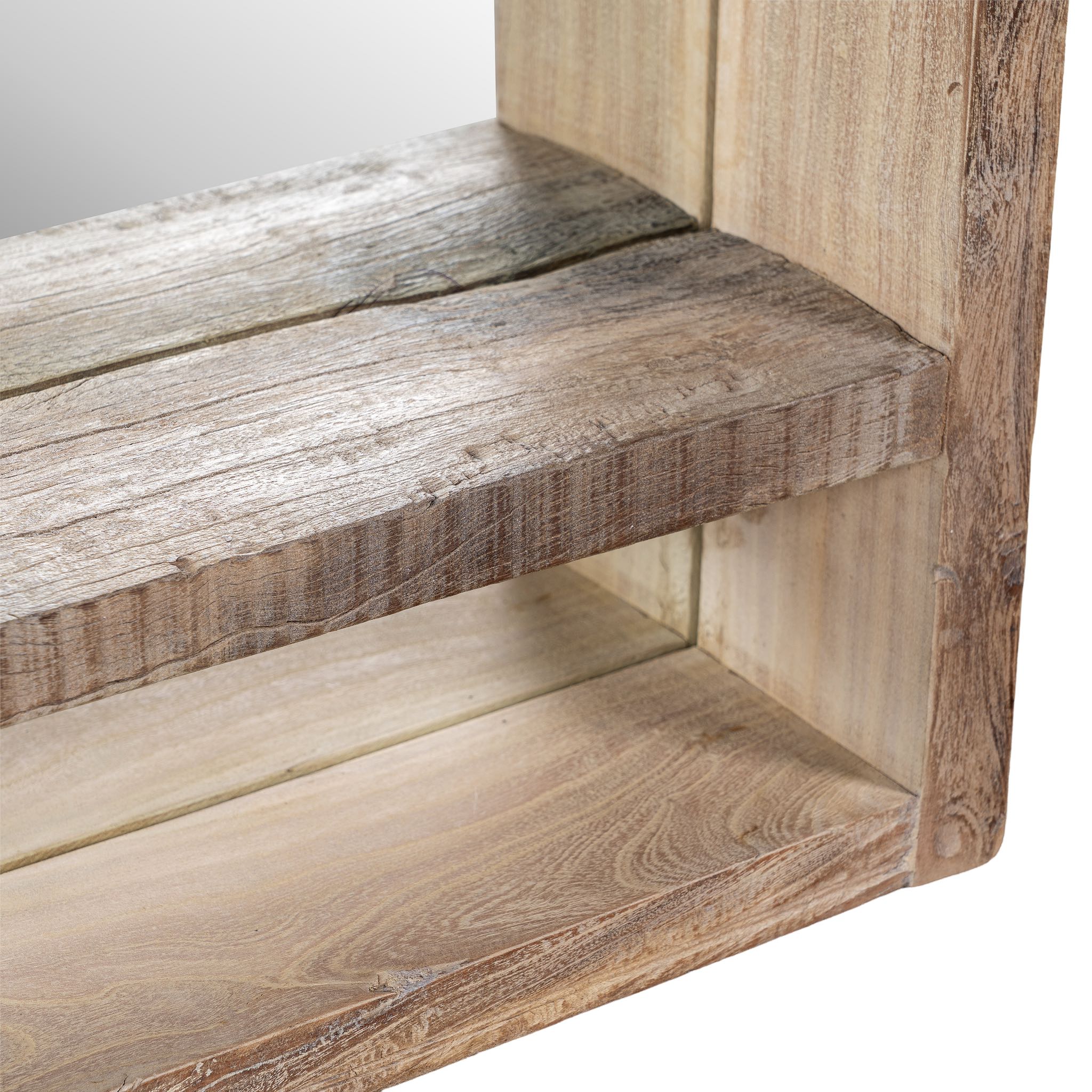 Close up image of a rectangular reclaimed wooden mirror with sandblasted finish and integrated shelf; rustic bathroom mirror with storage, 90 × 15 × 60 cm.