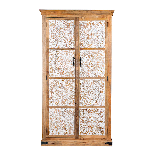 White background image of a mango wood wardrobe with whitewashed floral carvings, vintage furniture cabinet in carved wood, 190 × 105 × 42 cm.