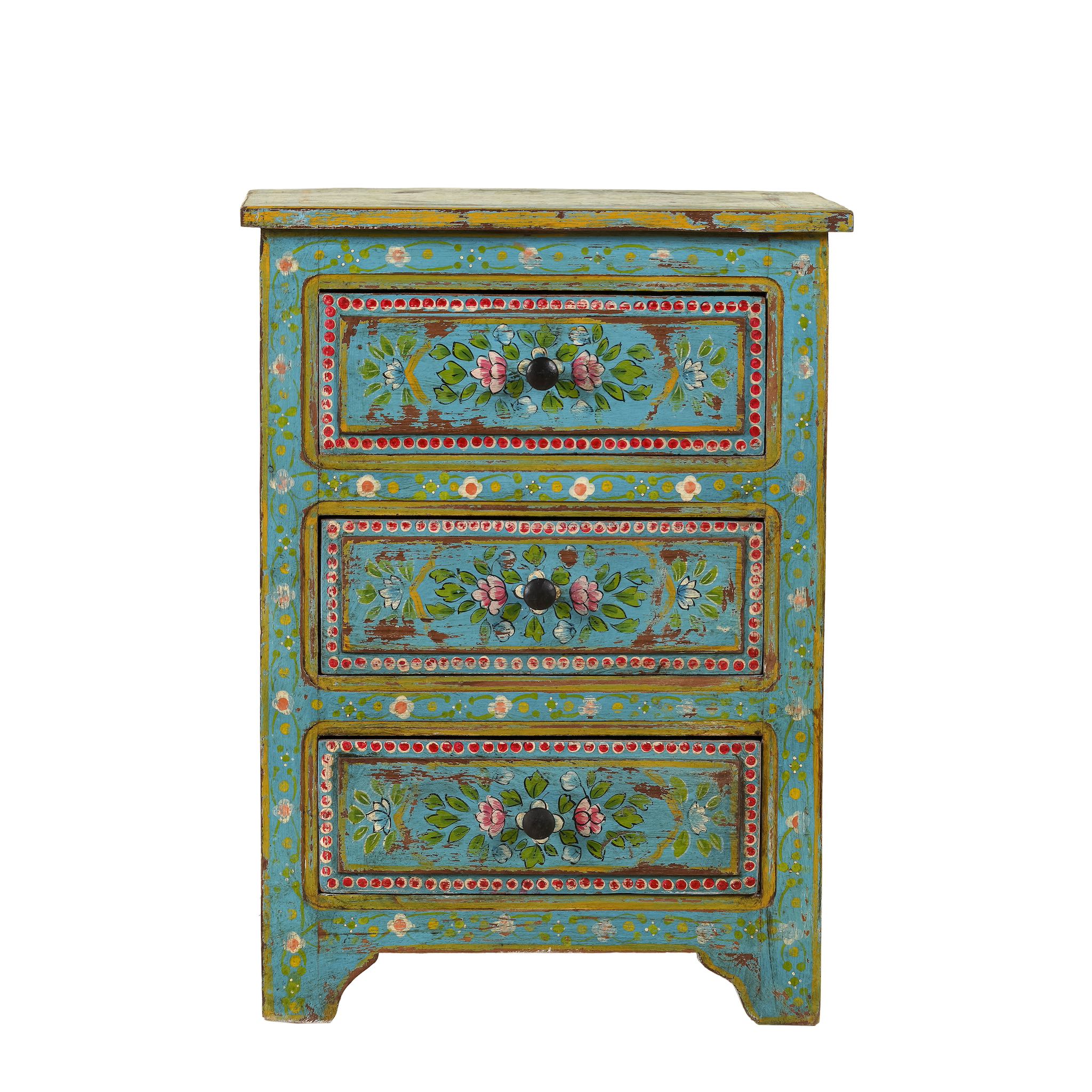 White background image of a hand-painted recycled wood nightstands with floral motifs – bold vintage furniture pieces perfect for bohemian and artistic interiors.