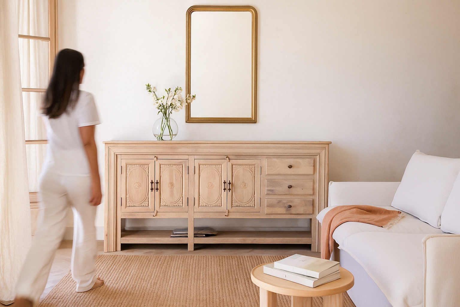 Lifestyle image of a sandblasted mango wood console table with 4 doors and 3 drawers; Mediterranean-style vintage entryway table, water-protected surface, 200 × 42 × 100 cm.