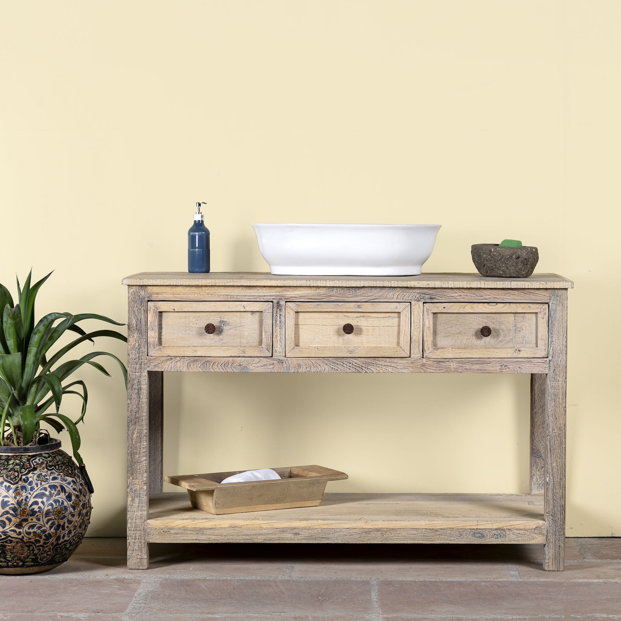 Sandblasted reclaimed wood bathroom console table with 3 drawers and open shelf; sustainable furniture, 120 × 50 × 80 cm.