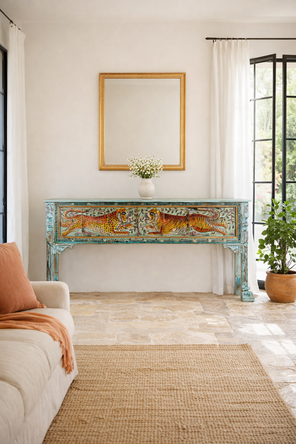 Lifestyle imagination of a hand-painted reclaimed wood console table Bunsee with tiger and leopard motifs in turquoise vintage finish. A unique piece of furniture for bohemian interiors and artistic spaces.
