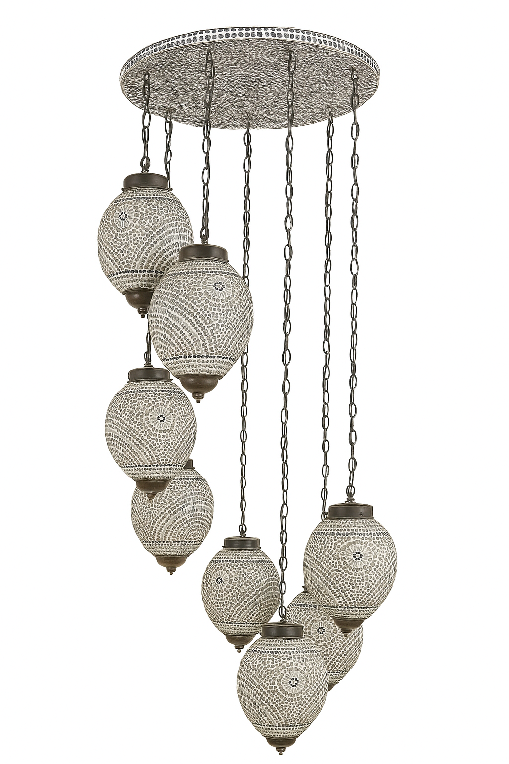 White background image of a mosaic pendant lamp Chahal with round ceiling panel and 8 hanging mosaic stone lights – handcrafted lighting design, 60 cm panel with 30x20 cm teardrop light bodies.