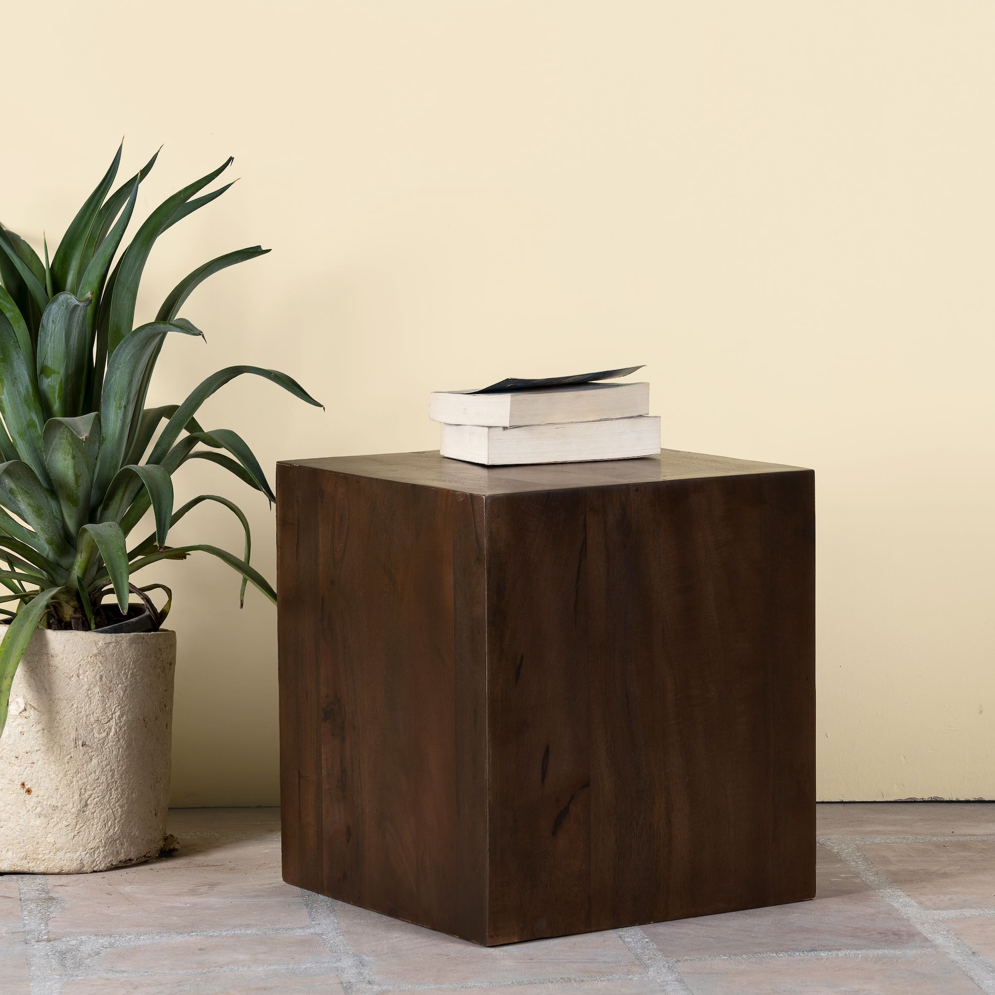 Minimalist cube side table made of solid mango wood, coffee table mango wood, Indian home decor, 40 × 40 × 40 cm.
