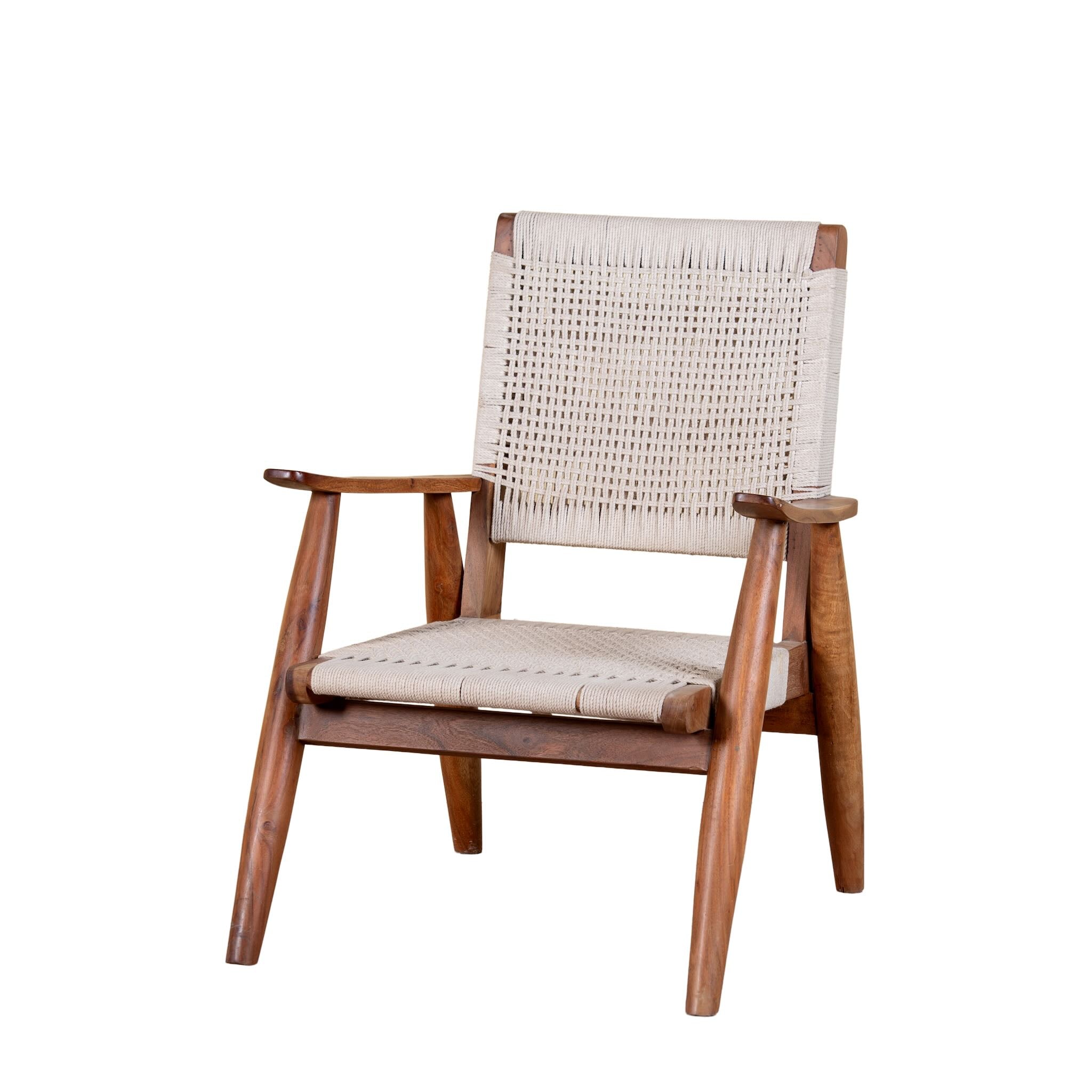 White background image of a Chameli acacia wood chair with hand-woven cotton rope seat and backrest—an artisan-crafted piece of wooden seating blending comfort and natural materials.