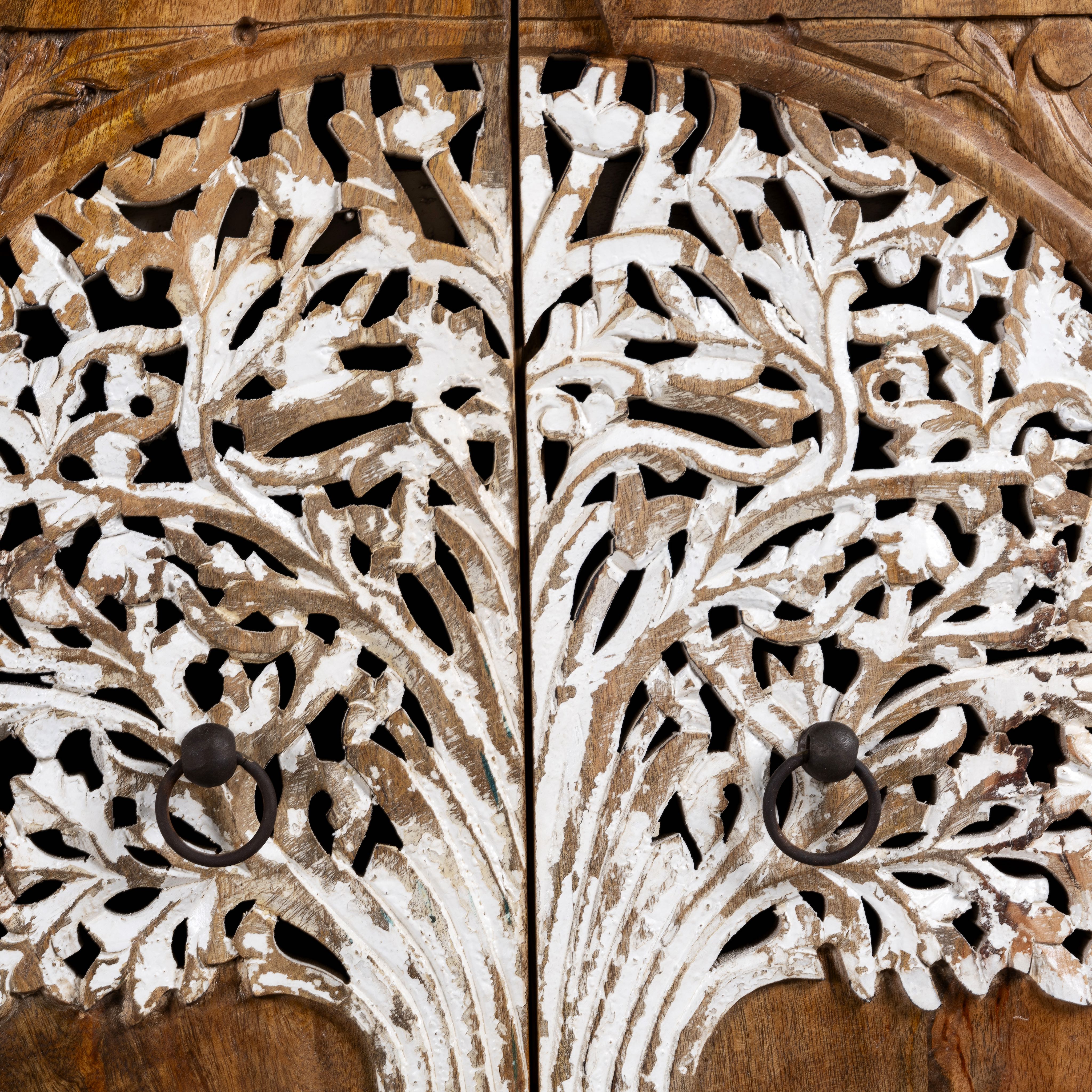 Close up image of a carved mango wood furniture cabinet with Tree of Life design and whitewashed finish, 90 × 40 × 90 cm.