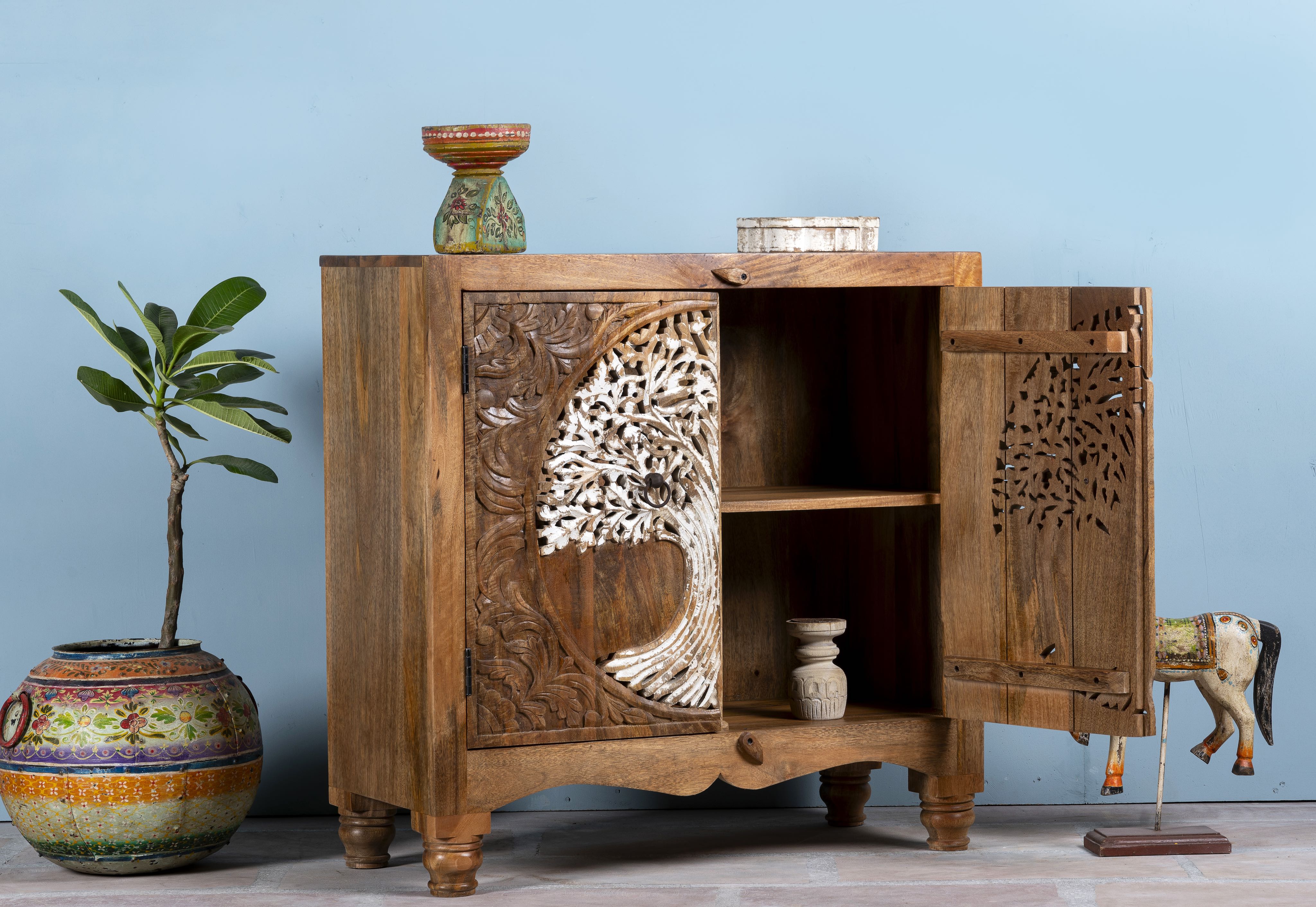 Open door image of a carved mango wood furniture cabinet with Tree of Life design and whitewashed finish, 90 × 40 × 90 cm.